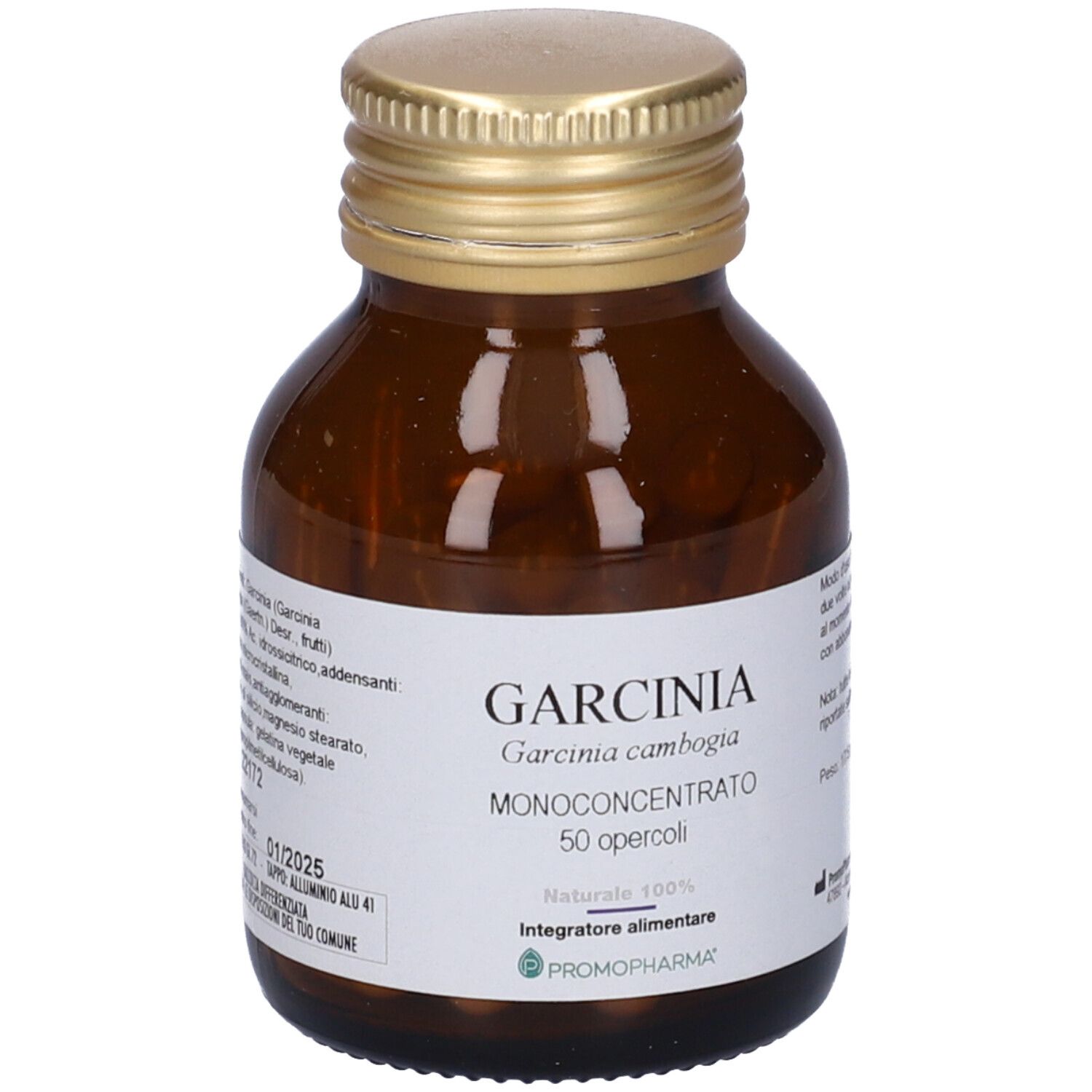 Flacone di vetro marrone con tappo dorato. Etichetta con informazioni sul prodotto. Garcinia cambogia, 50 capsule.