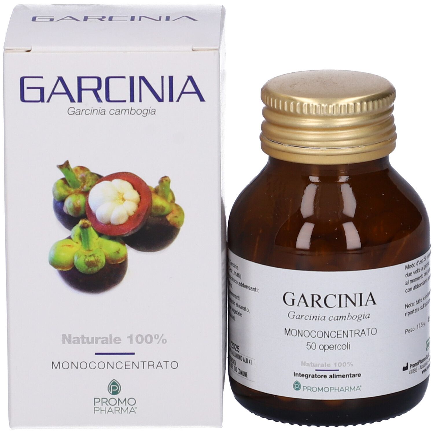 Flacone di vetro marrone e scatola. Scatola con illustrazione di mangostani. Garcinia cambogia, 50 capsule.
