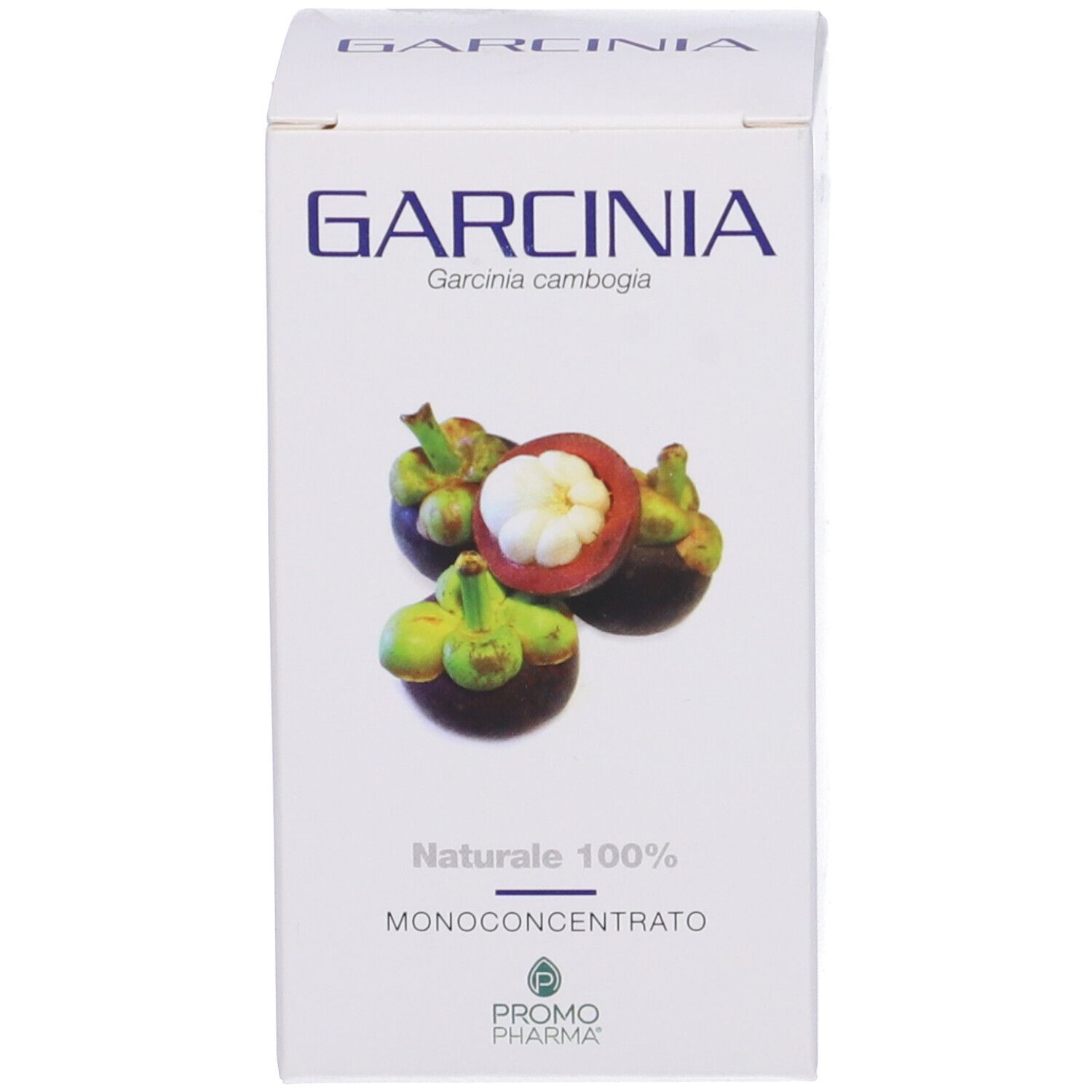 Scatola bianca con illustrazione di mangostani. Garcinia cambogia.