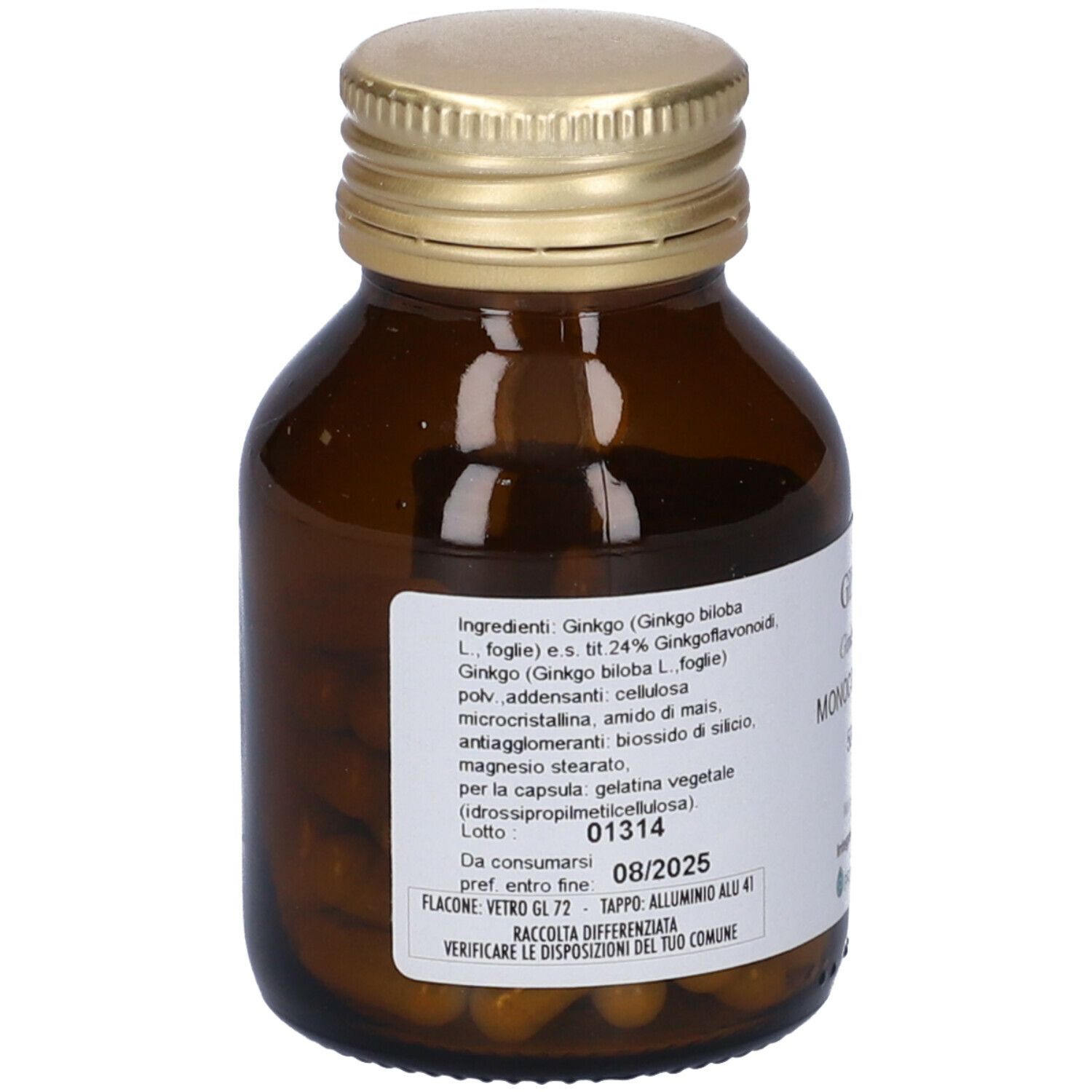 Retro di un flacone di vetro marrone con tappo dorato. Etichetta con ingredienti e data di scadenza 08/2025.