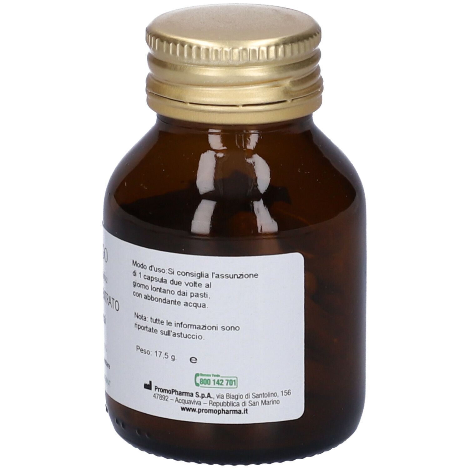 Retro di un flacone di vetro marrone con tappo dorato. Etichetta con istruzioni per l'uso e peso 17,5g.