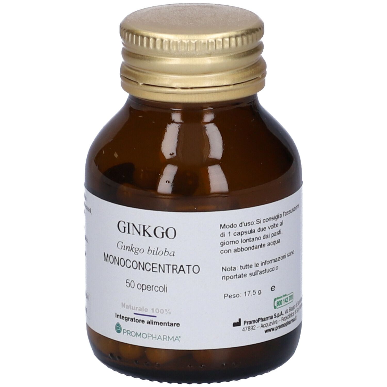 Flacone di vetro marrone con tappo dorato. Etichetta con testo: Ginkgo, 50 capsule. Marca: Promopharma. Vista frontale.