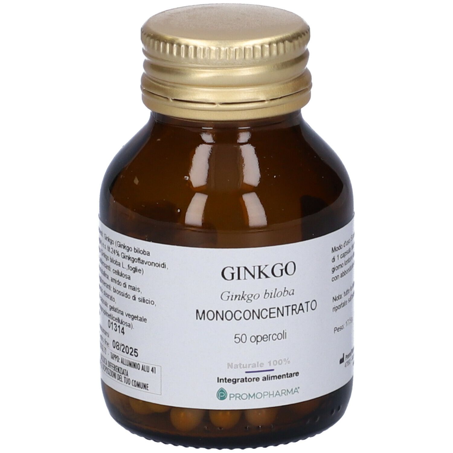 Flacone di vetro marrone con tappo dorato. Etichetta con testo: Ginkgo, 50 capsule. Marca: Promopharma. Primo piano.