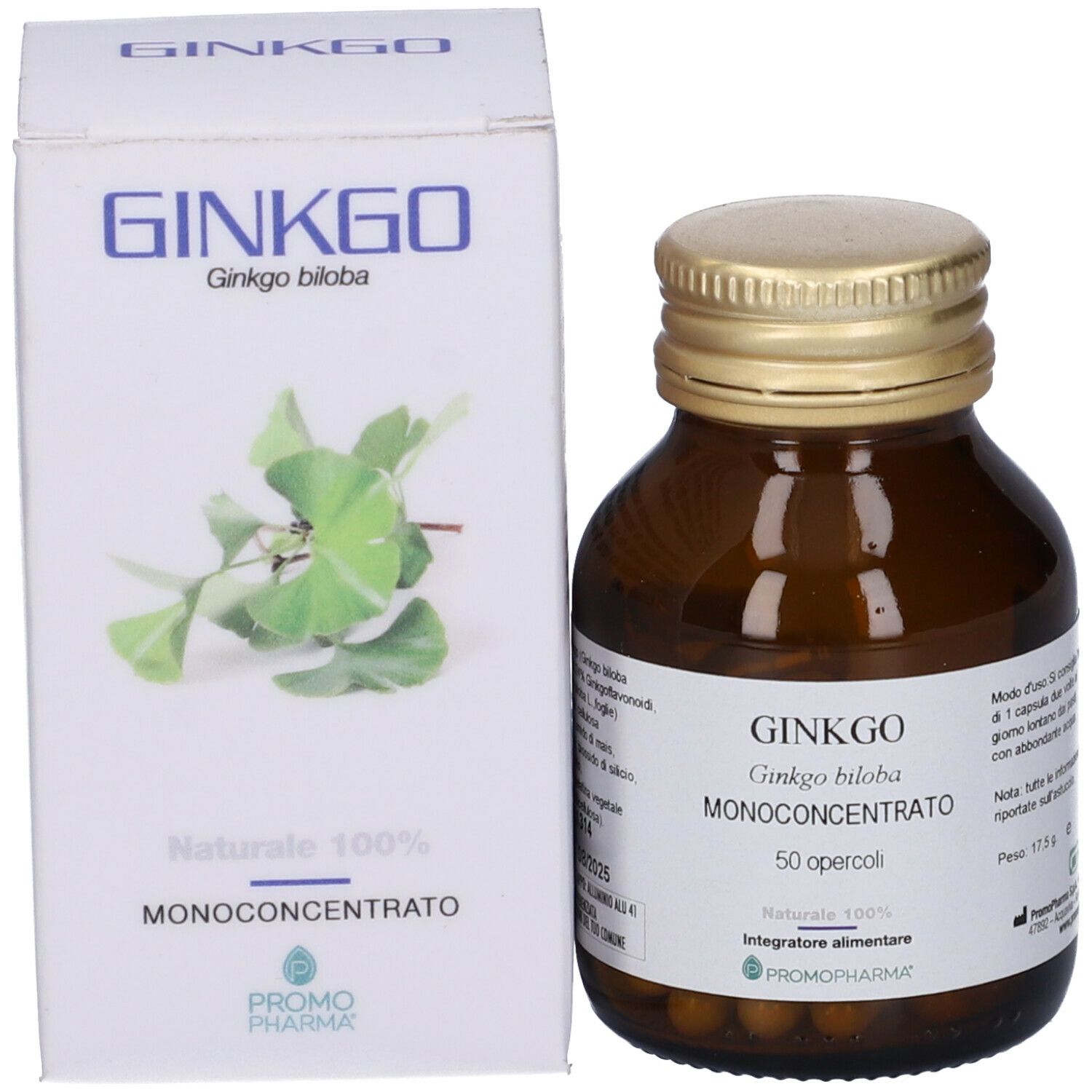 Flacone di vetro marrone e scatola bianca. Sulla scatola: Ginkgo, 50 capsule. Marca: Promopharma. Presentazione del prodotto.