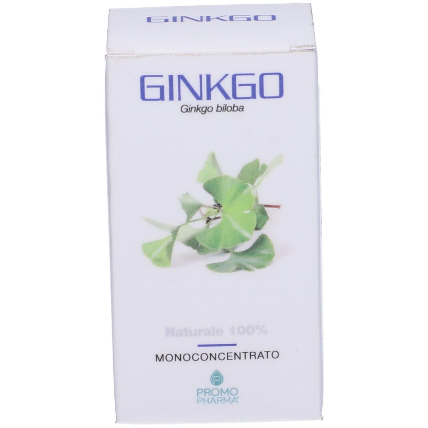 Scatola bianca con testo: Ginkgo, Ginkgo biloba. Marca: Promopharma. Illustrazione di foglie di ginkgo.