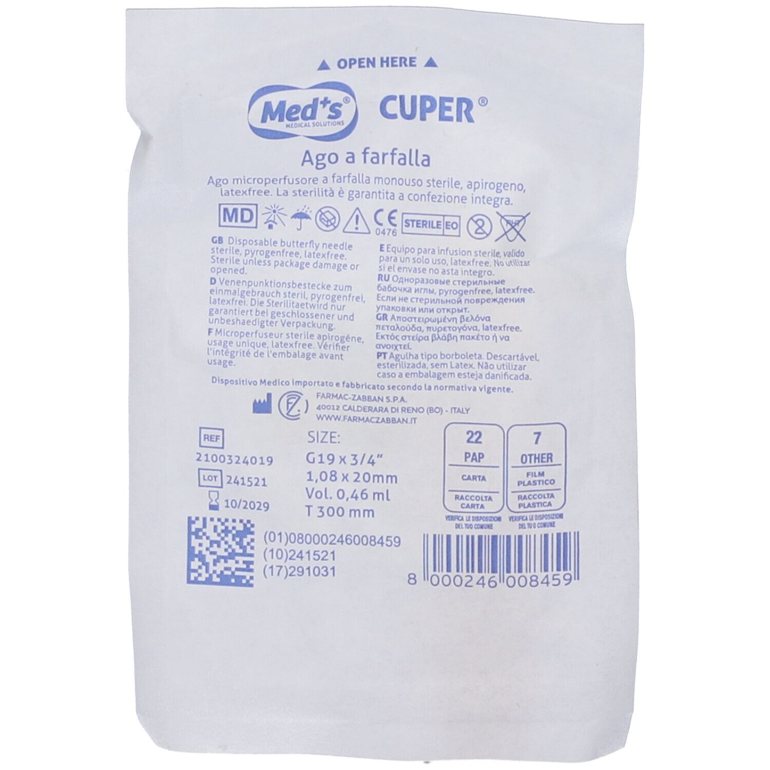 Confezione con informazioni sul prodotto. Testo: Med's Cuper, Ago a farfalla. Sterile, senza lattice. Dimensione: G19 x 3/4.
