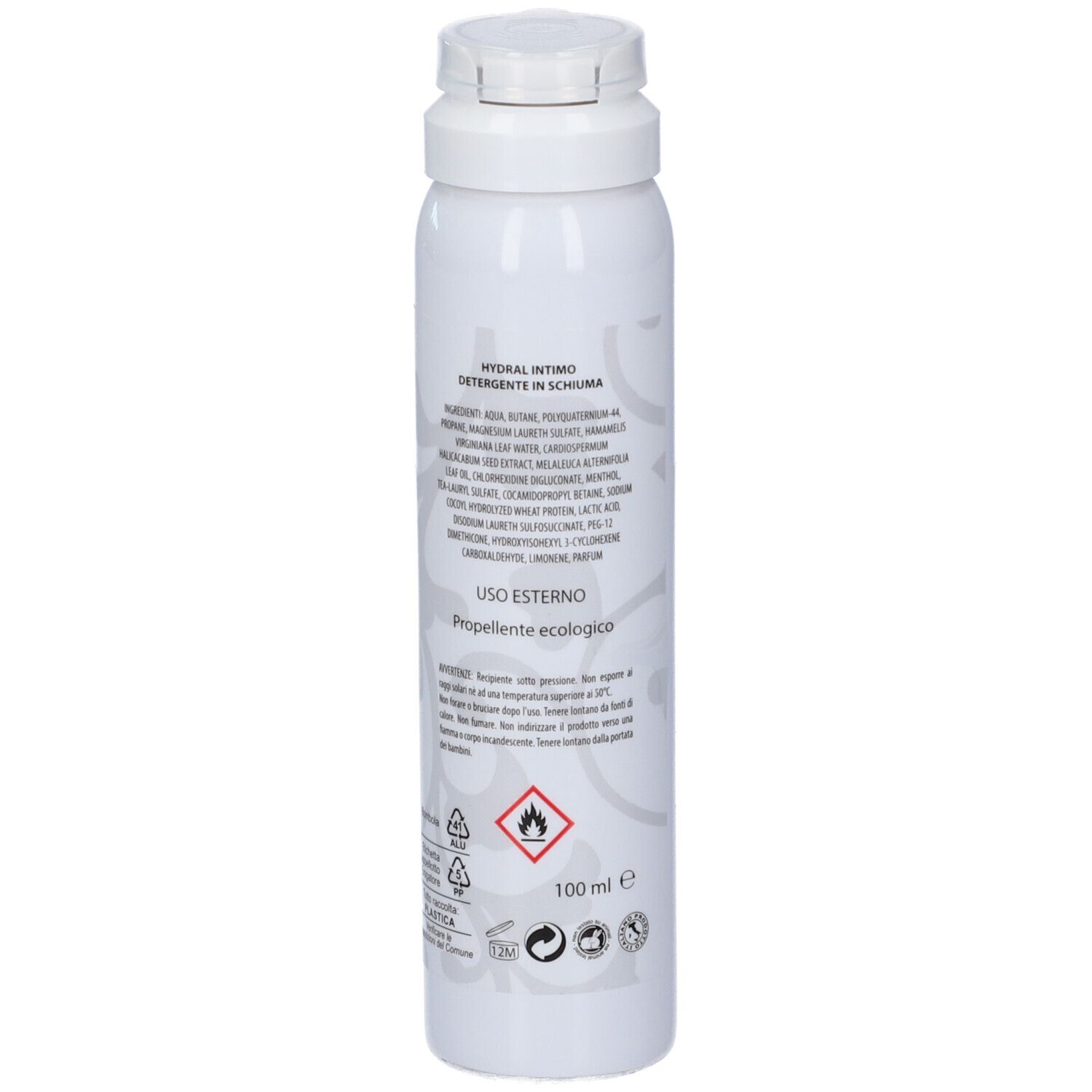 Bomboletta spray bianca con erogatore a pompa, etichetta con nome prodotto e volume 100 ml.