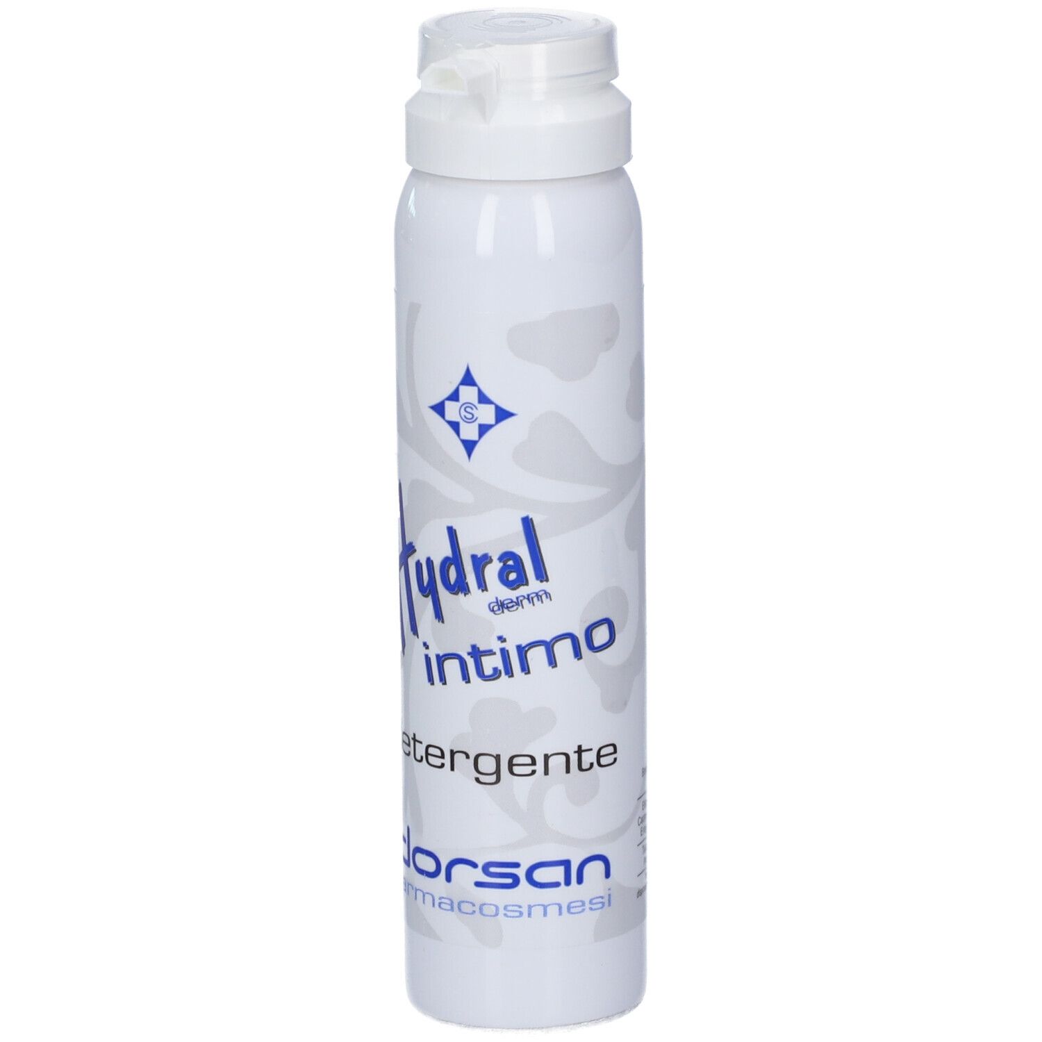 Contenitore spray bianco con scritta blu 'Hydral Intimo Detergente'.