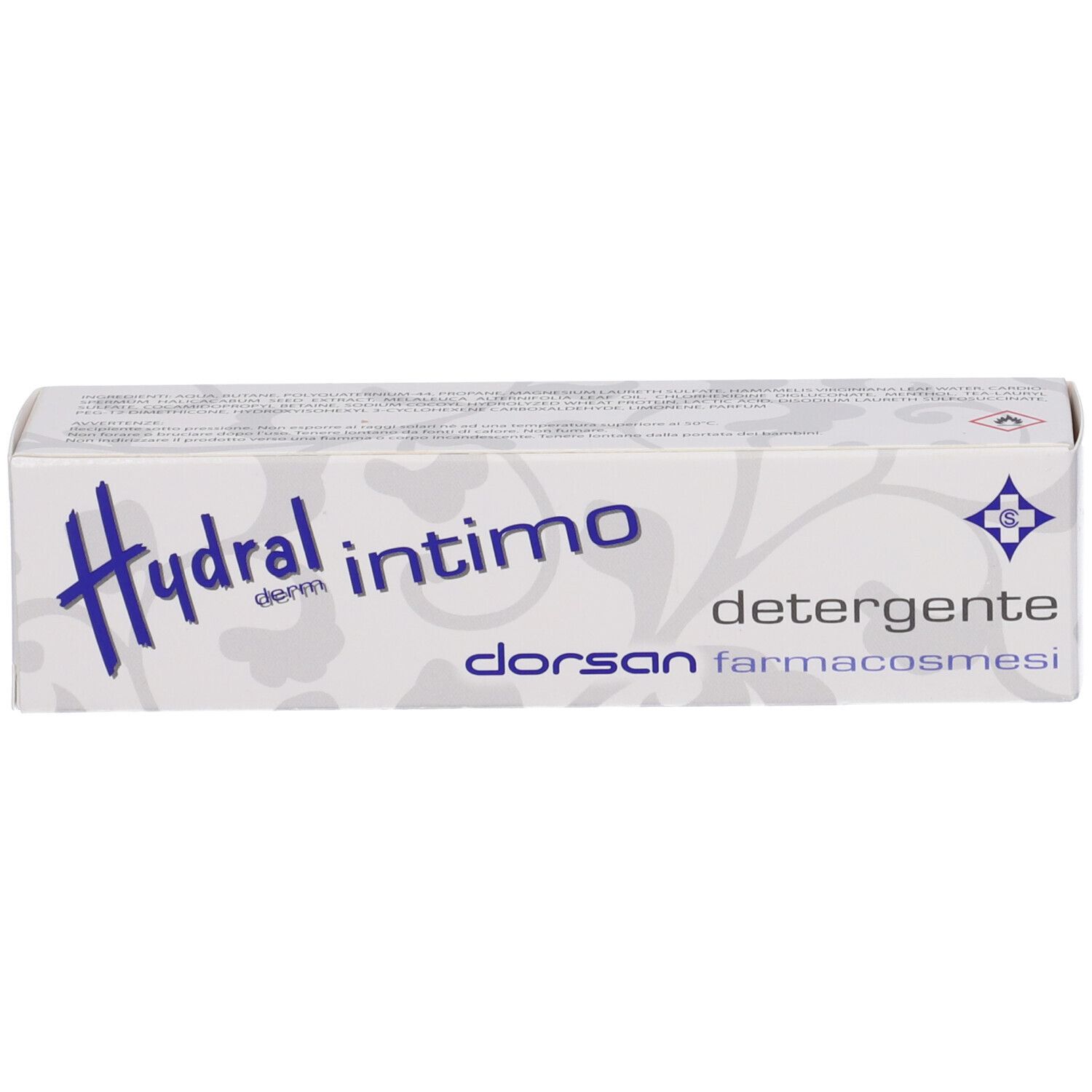 Detergente Hydral intimo in lattina spray bianca, appoggiata su una superficie bianca.