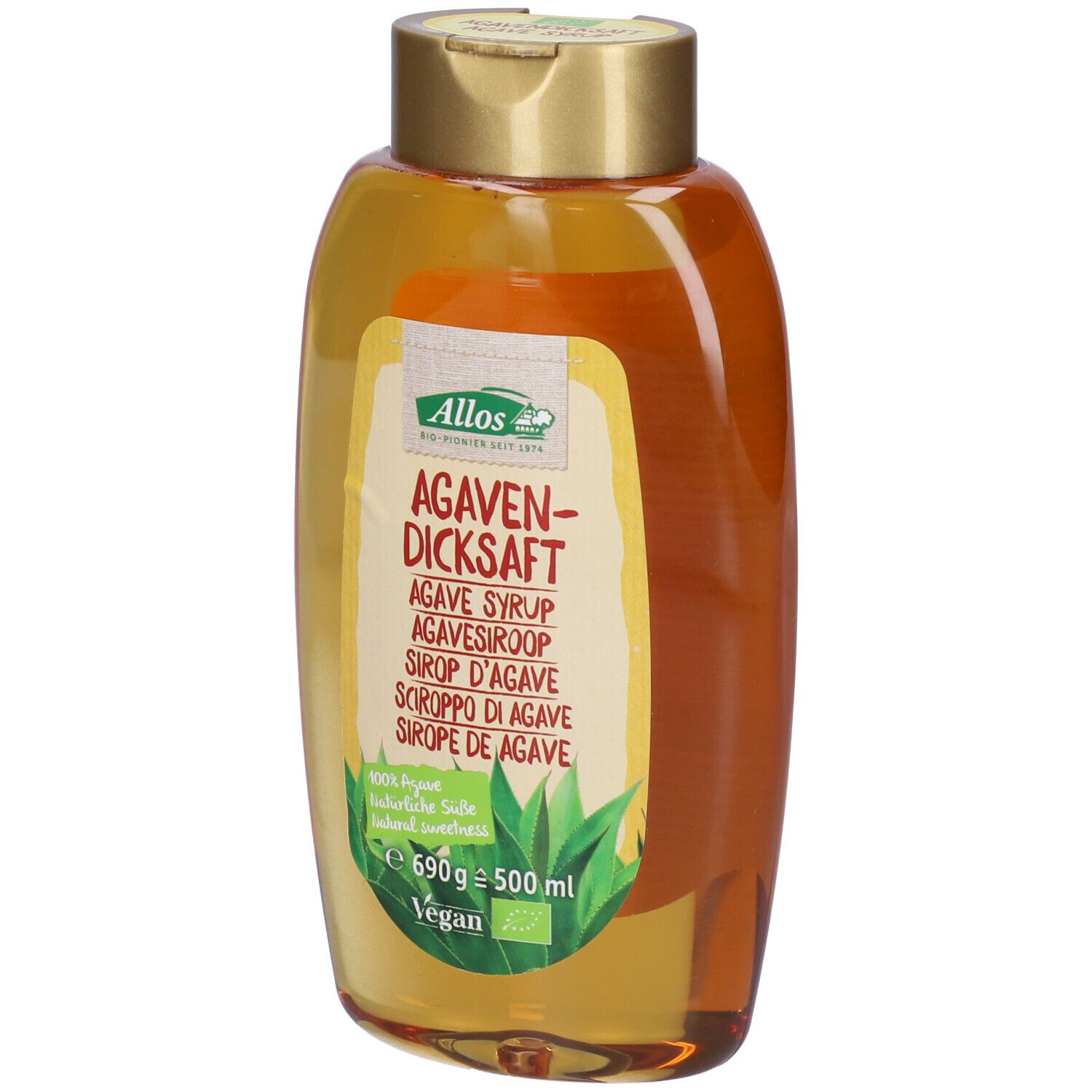 Bottiglia con etichetta gialla. Scritta: Sciroppo di agave. Marchio: Allos. Con marchio bio e logo vegano.