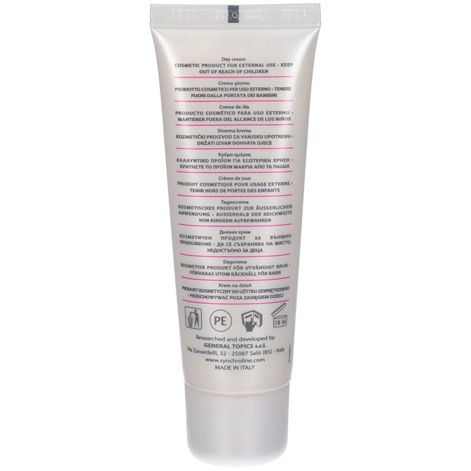 Retro del tubo di crema. Testo multilingue. Prodotto in Italia.