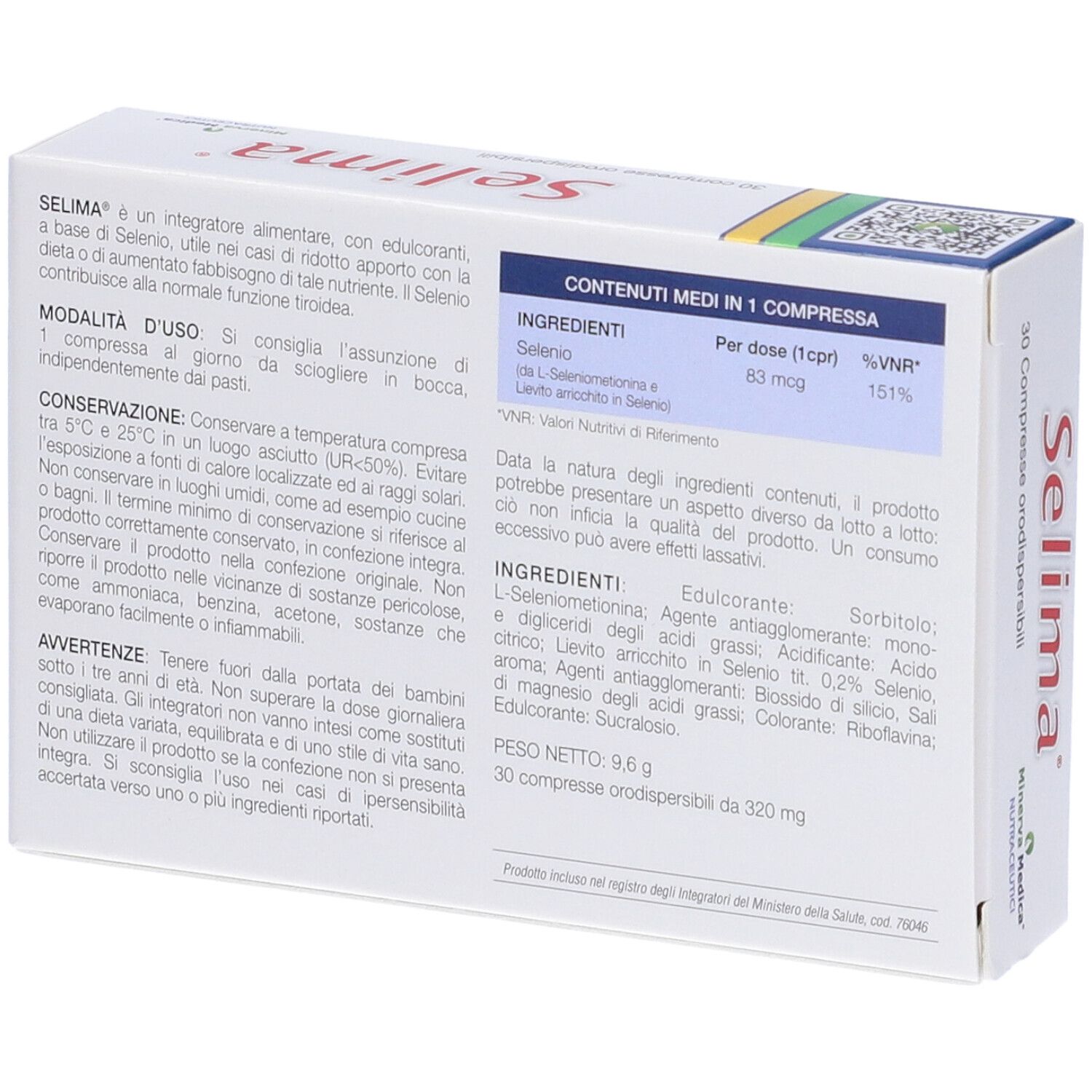 Retro della scatola di compresse Selima. Testo su ingredienti, uso, avvertenze. Minerva Medica.