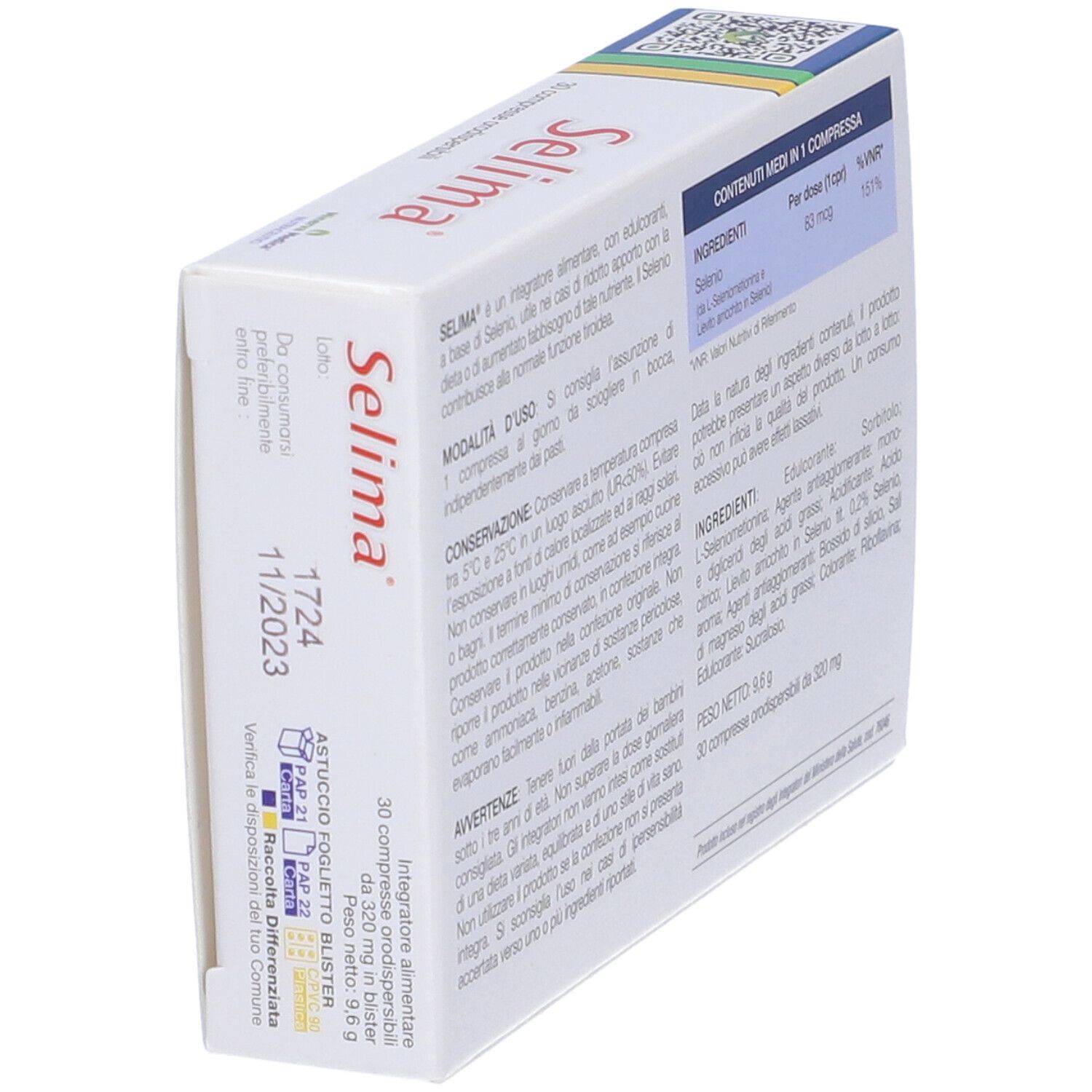 Retro della scatola di compresse Selima. Testo su ingredienti, uso, avvertenze. Minerva Medica. Vista obliqua.