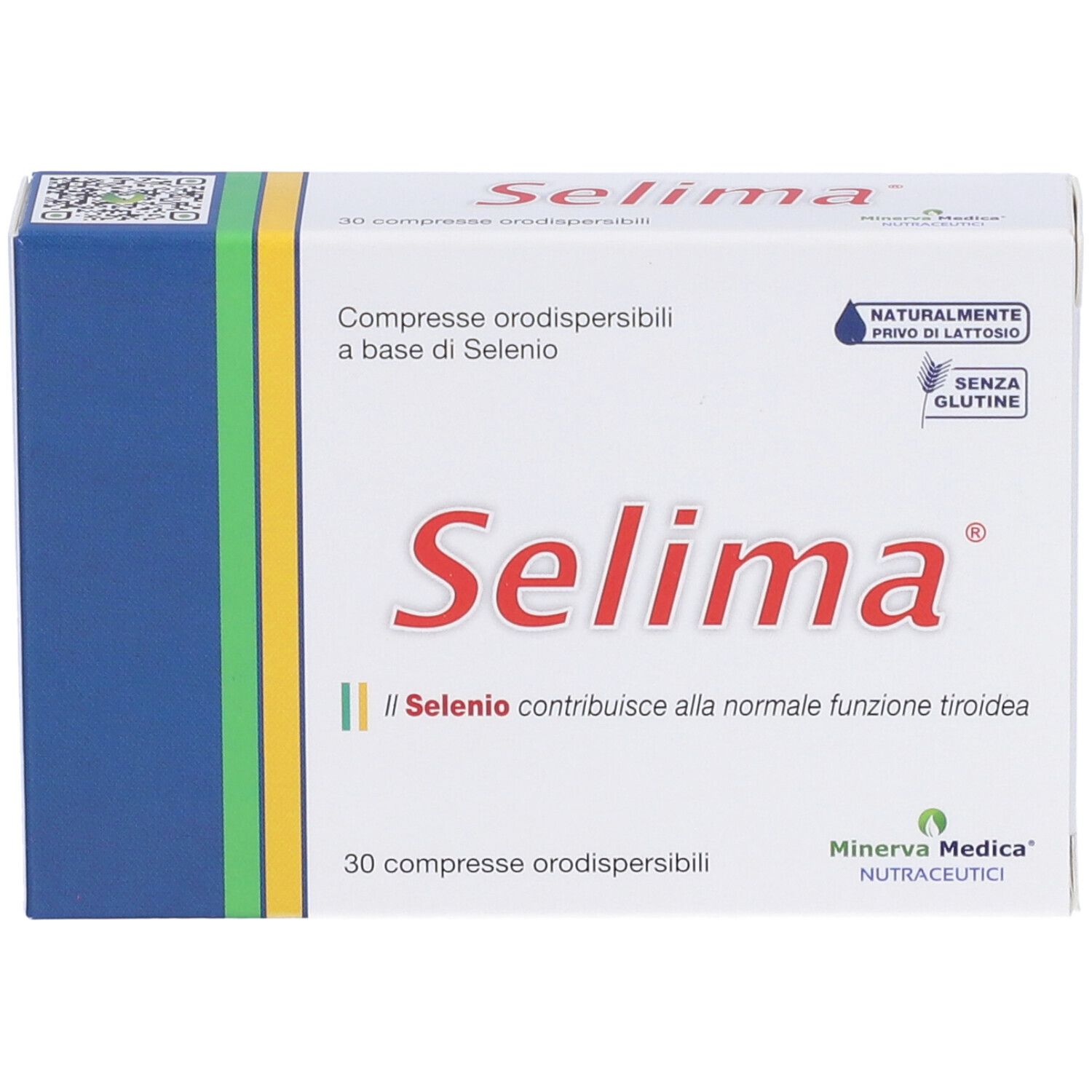 Scatola di compresse Selima. Scritte: Selima, 30 compresse, senza glutine, senza lattosio. Minerva Medica.