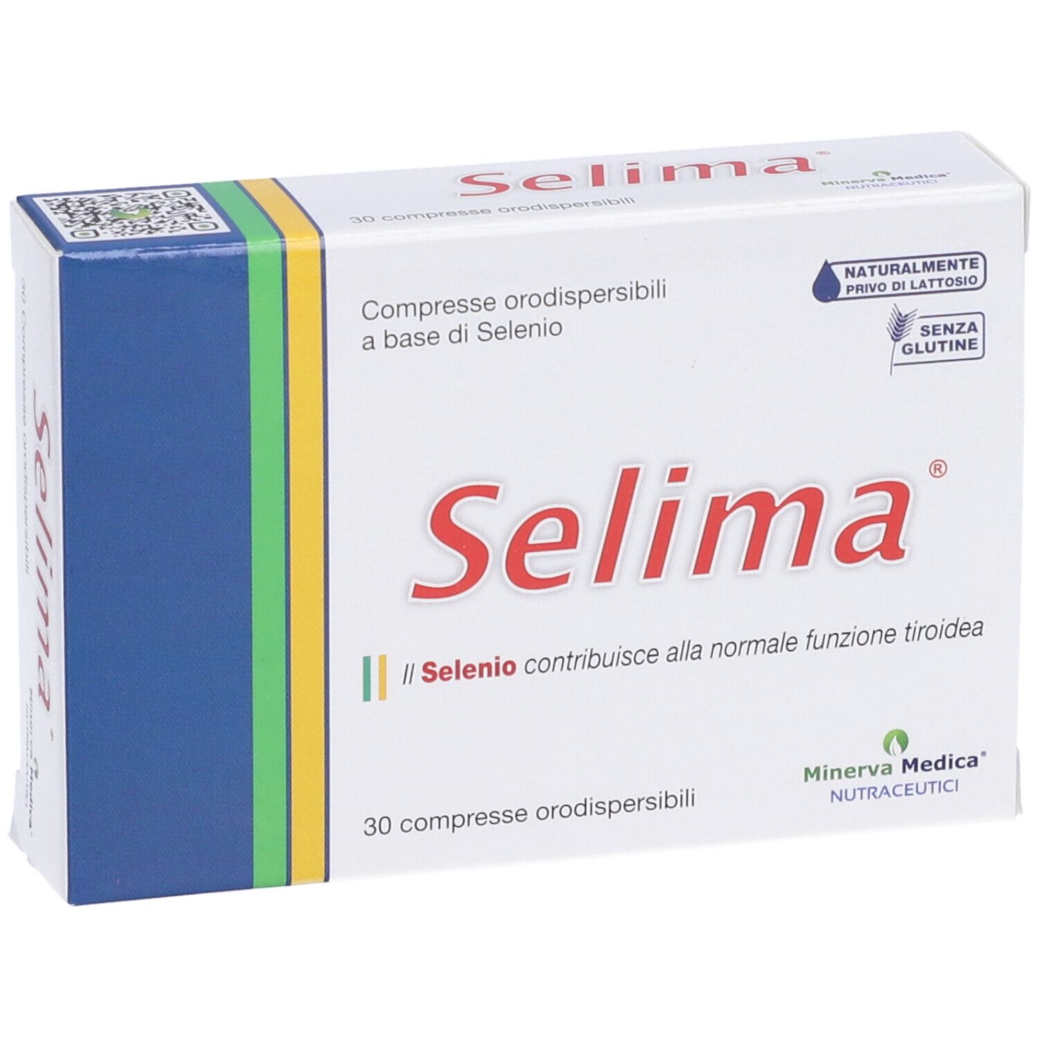 Scatola di compresse Selima. Scritte: Selima, 30 compresse, senza glutine, senza lattosio. Minerva Medica. Vista obliqua.