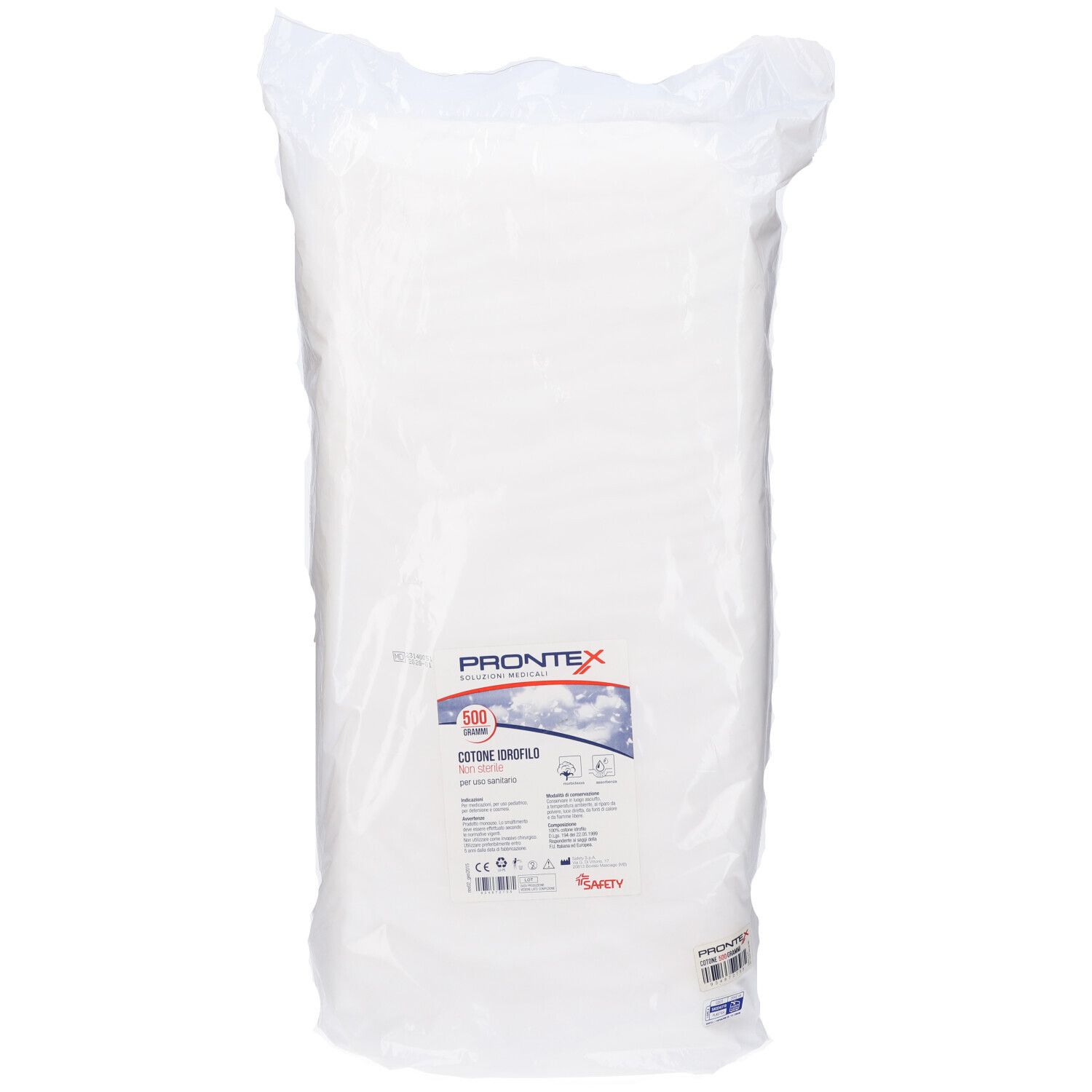 Grande sacco di cotone idrofilo. Marchio Prontex, Cotone Idrofilo Extra India. 500 G. Confezione in plastica trasparente.