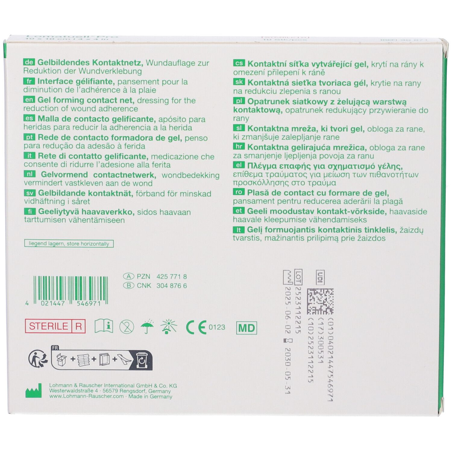 Retro della confezione con testo multilingue. Marchio di dispositivo medico e numero di lotto.