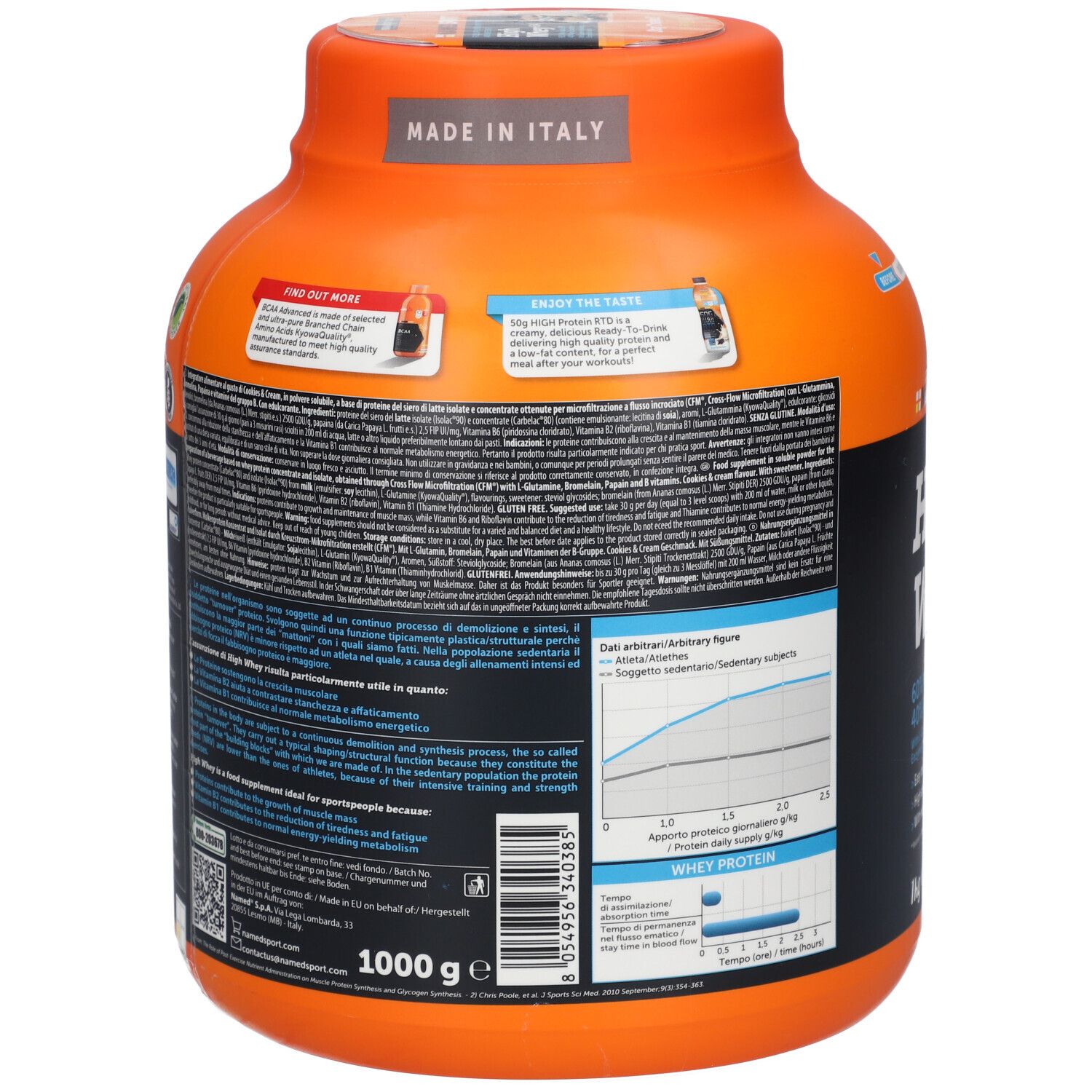 Retro del barattolo arancione NAMEDSPORT® High Whey 6.4. Informazioni testuali, grafici e codice a barre. 1000 g.
