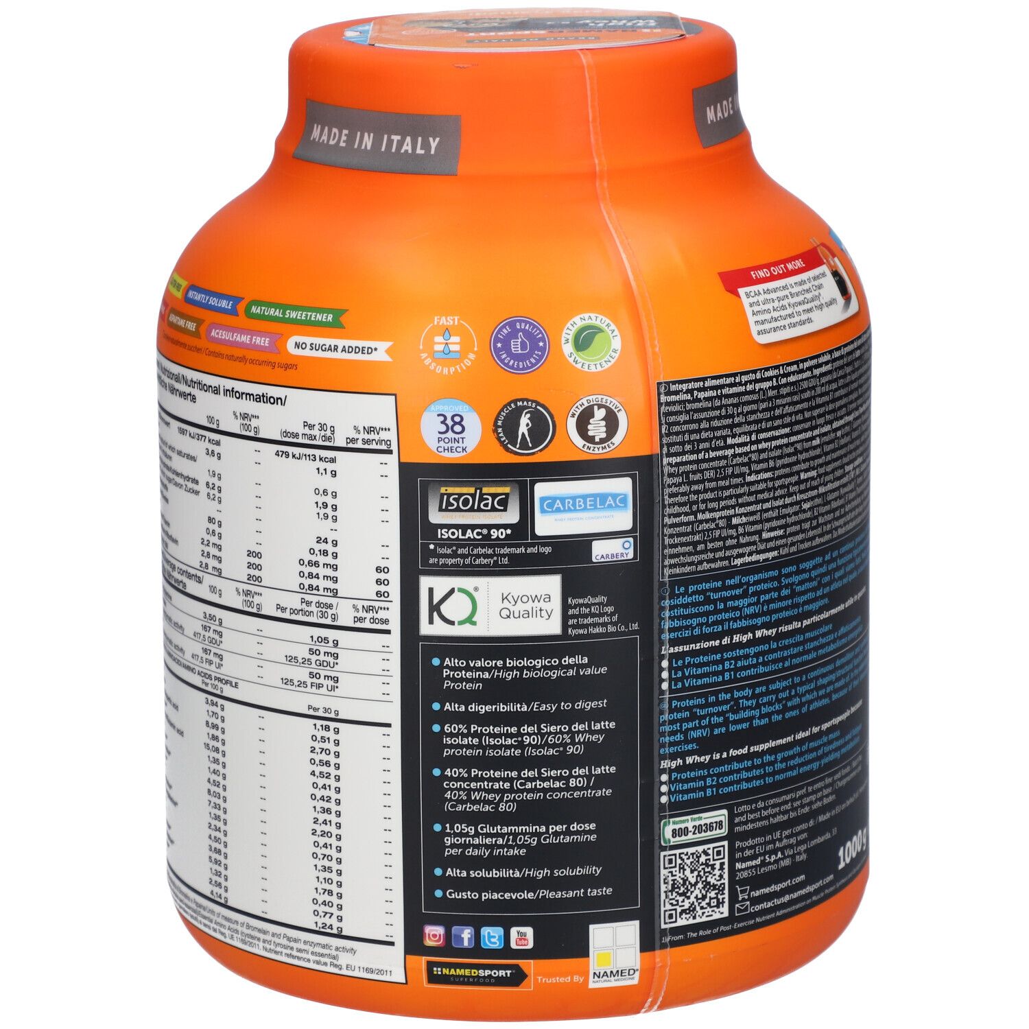 Retro del barattolo arancione NAMEDSPORT® High Whey 6.4. Informazioni nutrizionali, certificazioni e loghi. 1000 g.