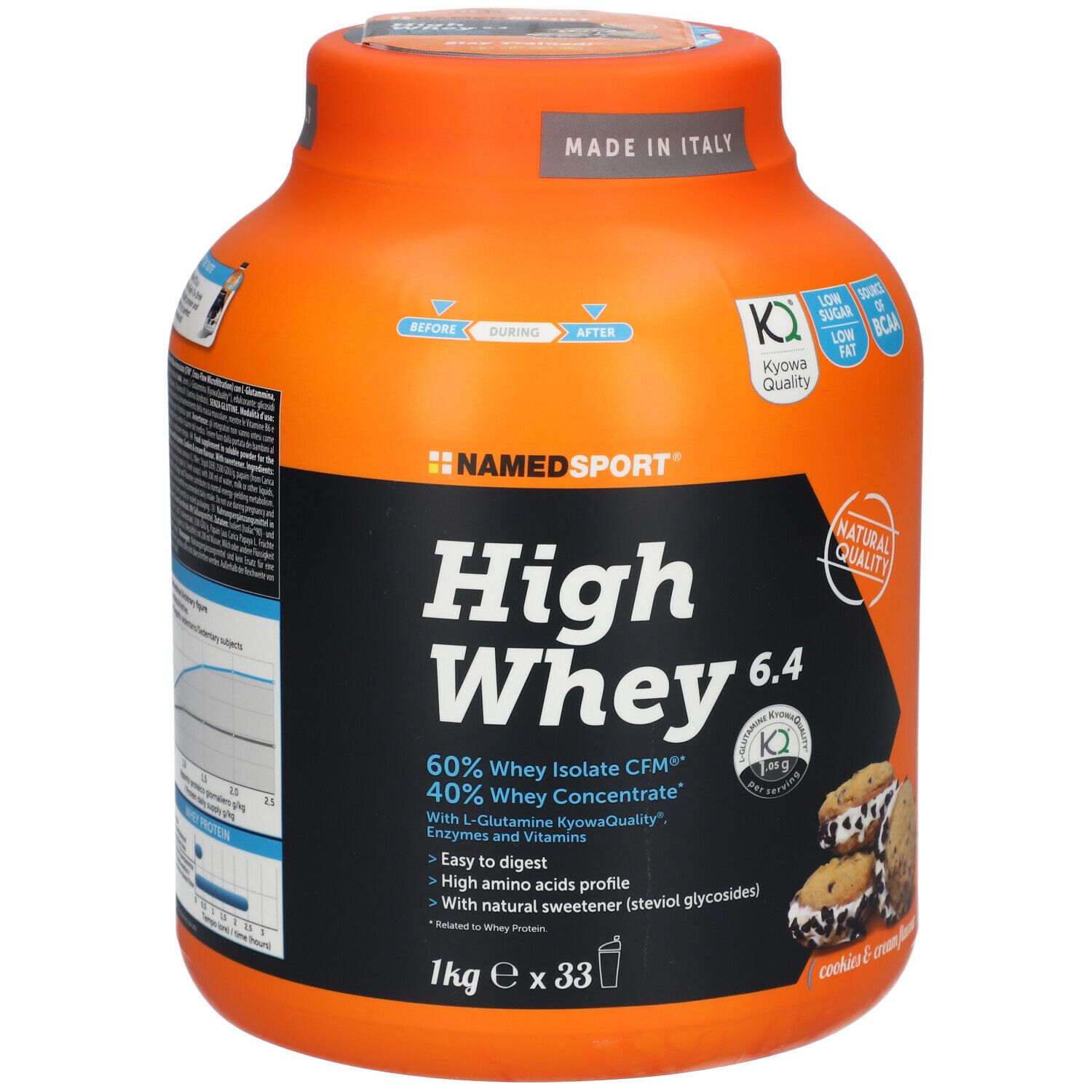 Retro del barattolo arancione NAMEDSPORT® High Whey 6.4, Cookies & Cream. Informazioni nutrizionali e loghi.