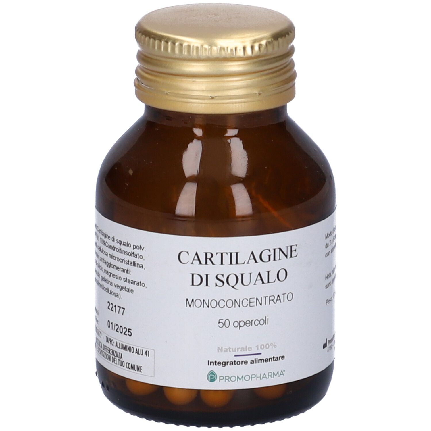 Flacone in vetro marrone con tappo dorato. Etichetta con nome del prodotto e marchio PromoPharma. Capsule visibili.