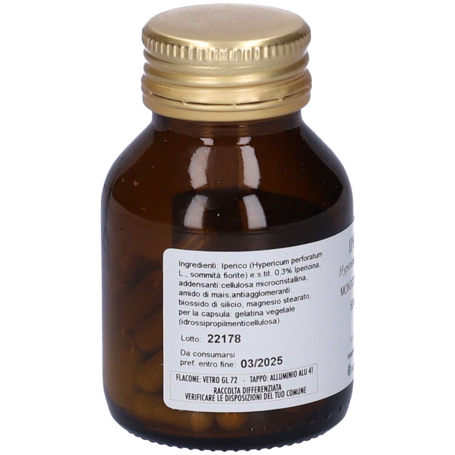 Retro di un flacone di vetro marrone con tappo dorato. Etichetta con ingredienti e data di scadenza. "03/2025" visibile.