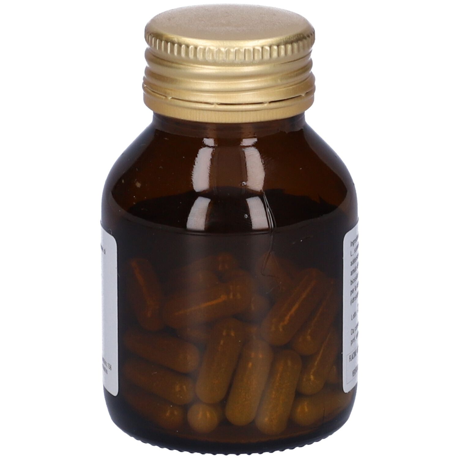 Flacone di vetro marrone con tappo dorato, riempito di capsule marroni. Contenuto ben visibile. Nessun altro dettaglio.