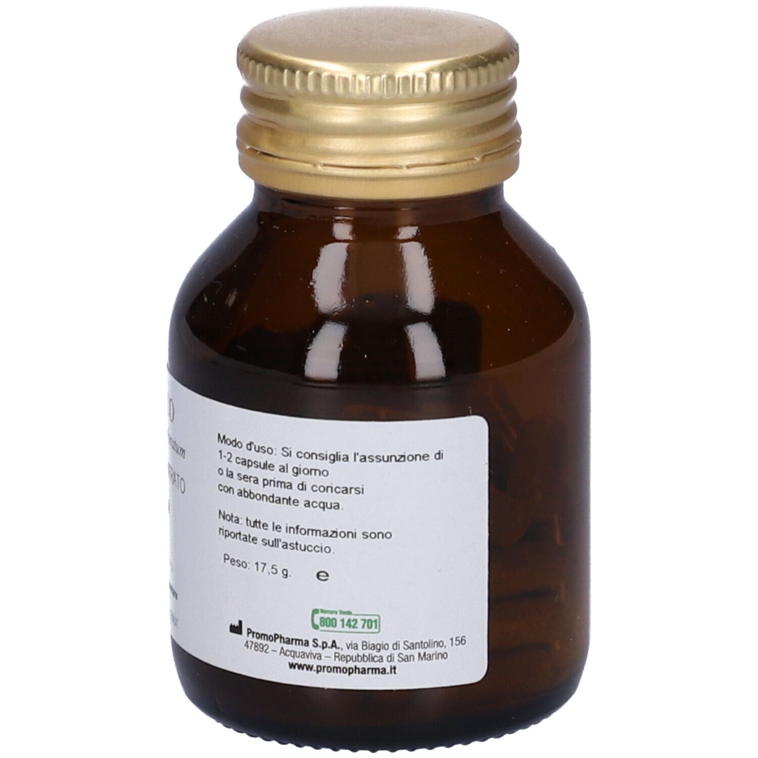 Flacone di vetro marrone con tappo dorato. Etichetta con istruzioni per l'uso e contatti. Peso: 17,5 g.