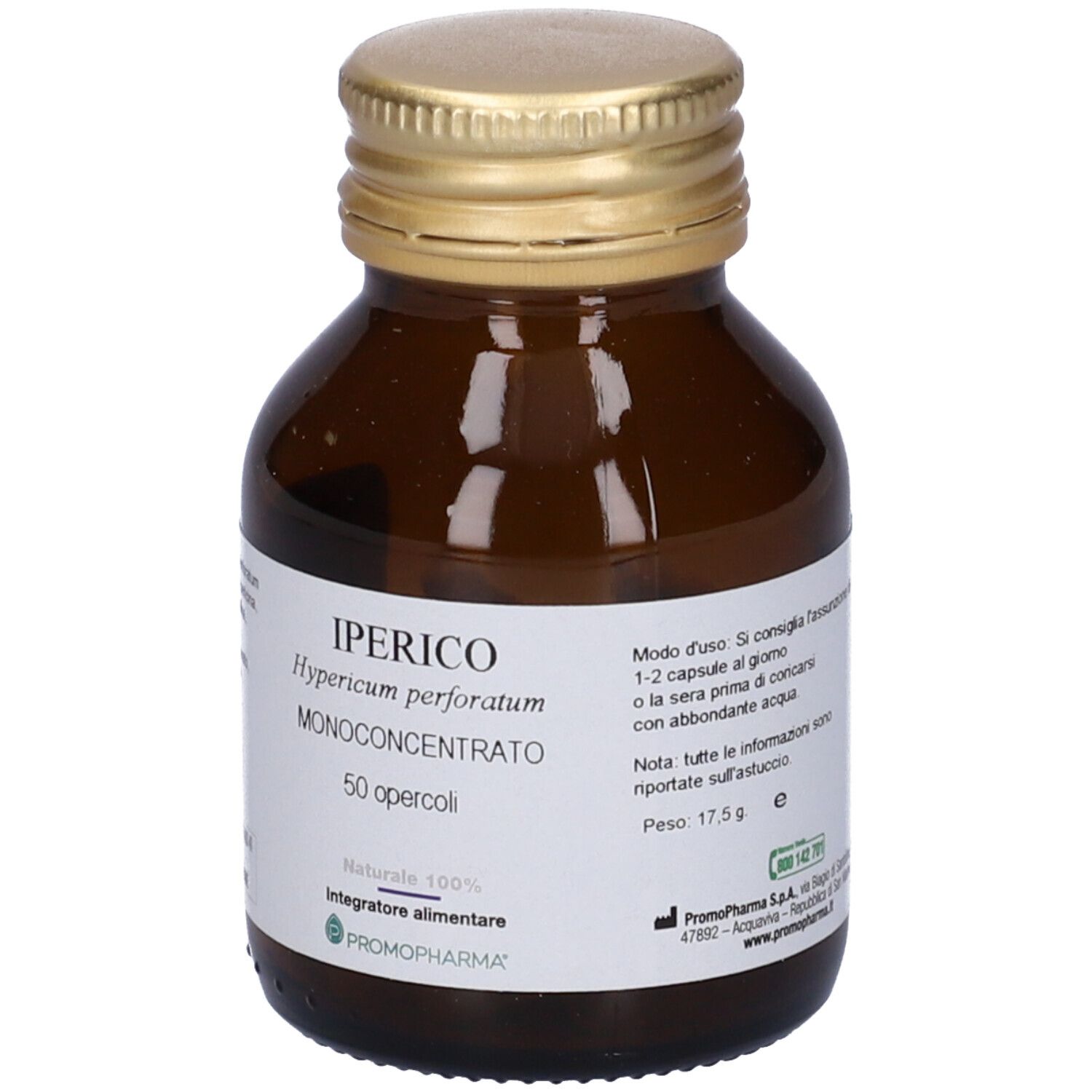 Flacone di vetro marrone con tappo dorato. Etichetta con nome prodotto "Iperico" e "50 opercoli". Logo PromoPharma.