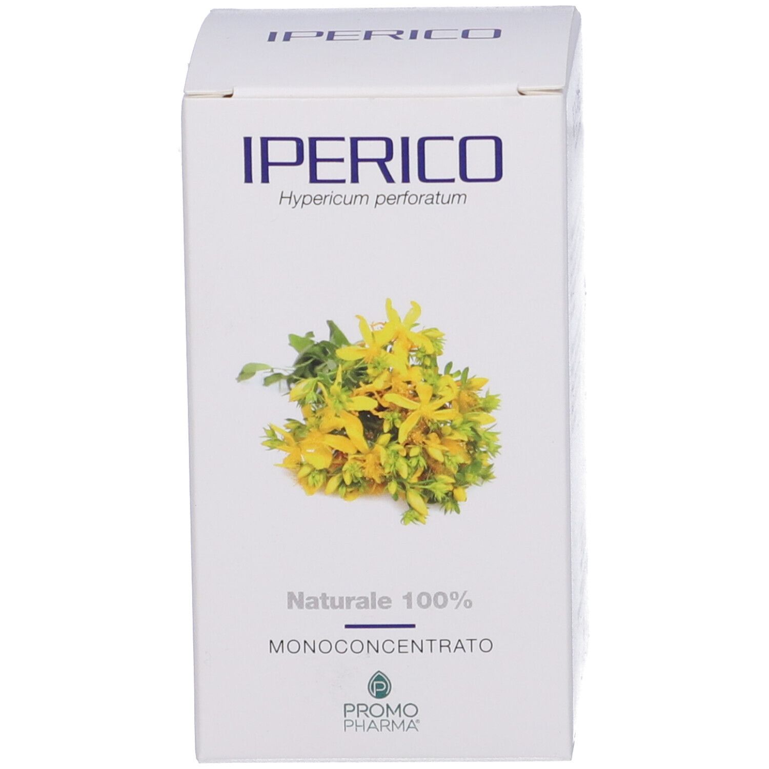 Scatola bianca con logo blu e nome del prodotto "Iperico". Illustrazione di fiori gialli. Testo: "Naturale 100%", "Monoconcentrato".