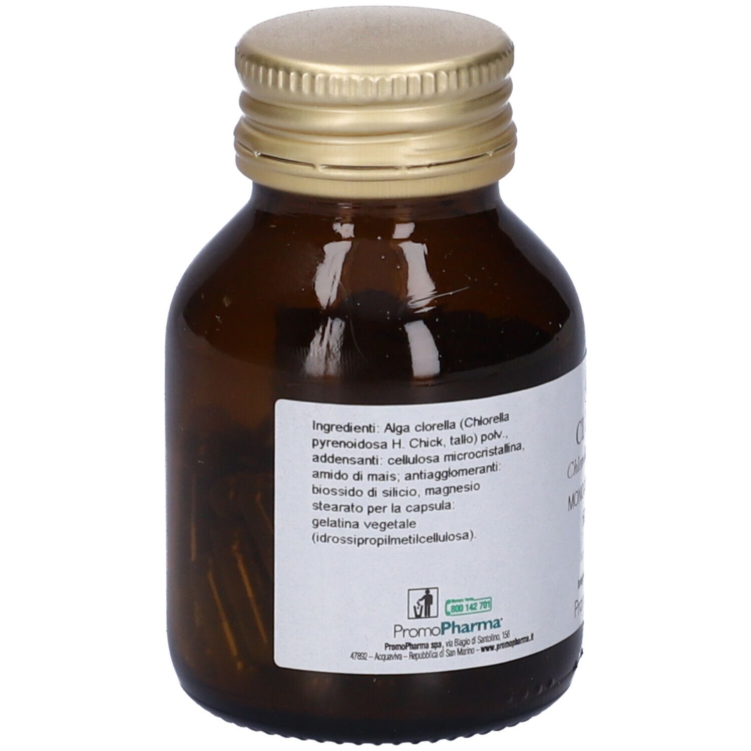 Flacone di vetro marrone con tappo dorato. Etichetta con ingredienti. Marchio PromoPharma.