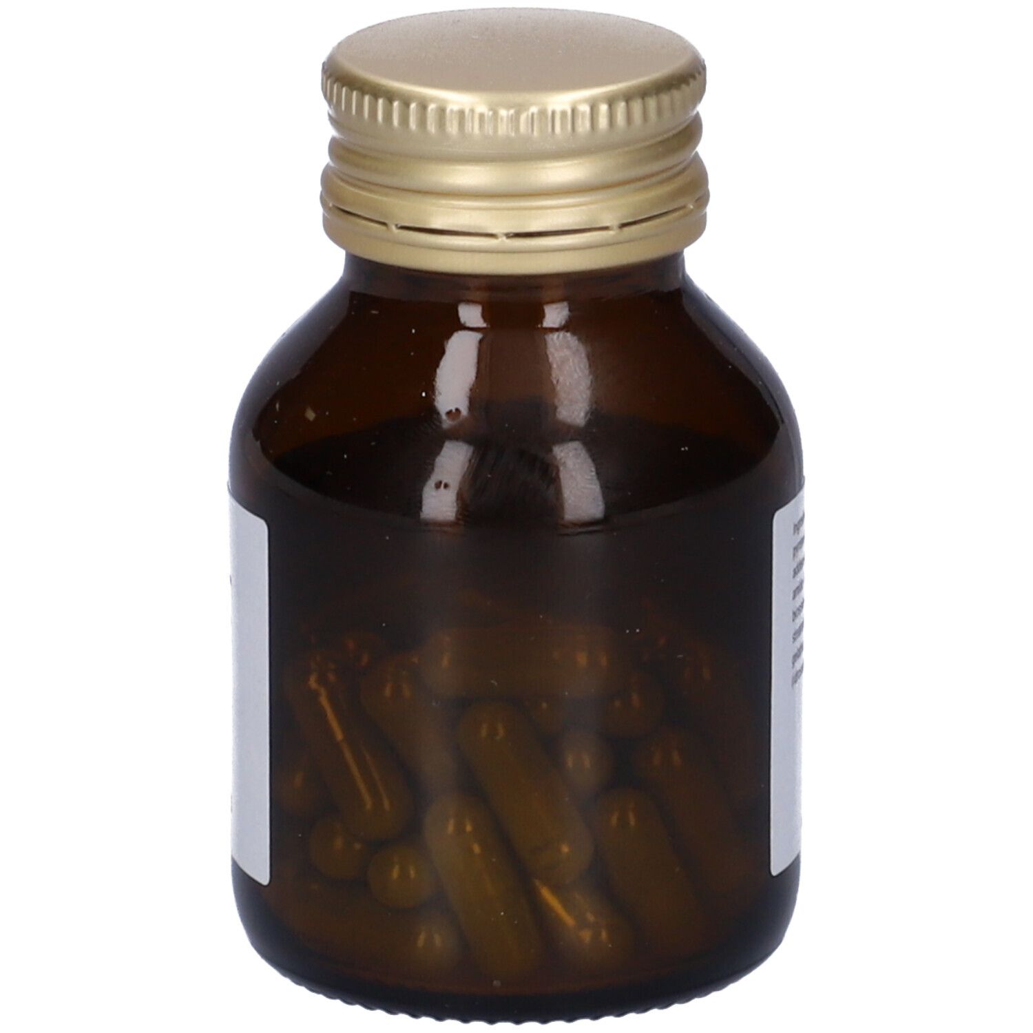 Flacone di vetro marrone con tappo dorato, pieno di capsule verdi. Marchio PromoPharma.