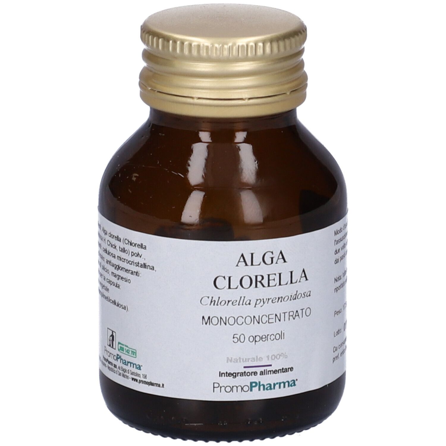 Flacone di vetro marrone con tappo dorato. Etichetta con nome e informazioni sul prodotto. Marchio PromoPharma.