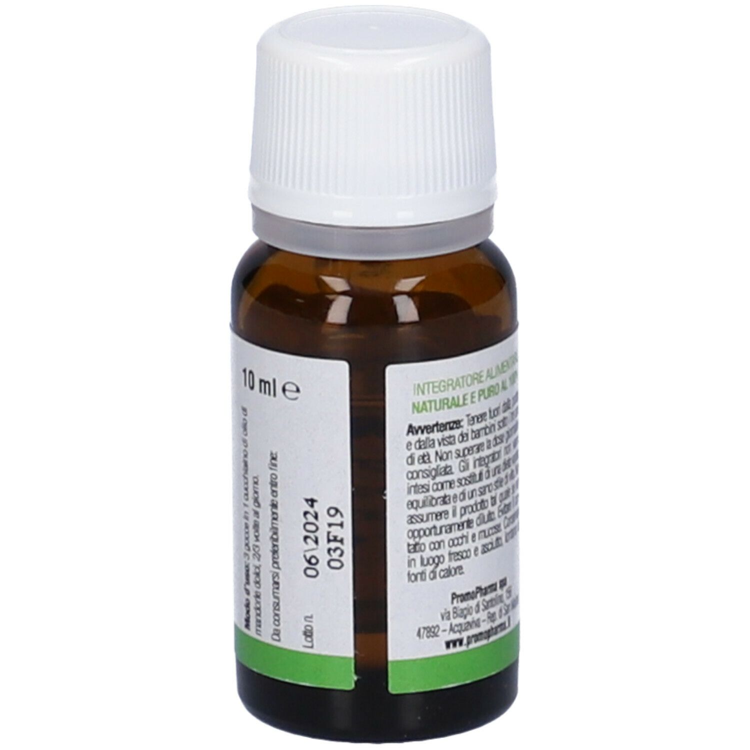 Flacone di vetro marrone con tappo bianco. Etichetta con testo. Nome del prodotto non visibile. Etichette verdi e bianche. 10 ml.