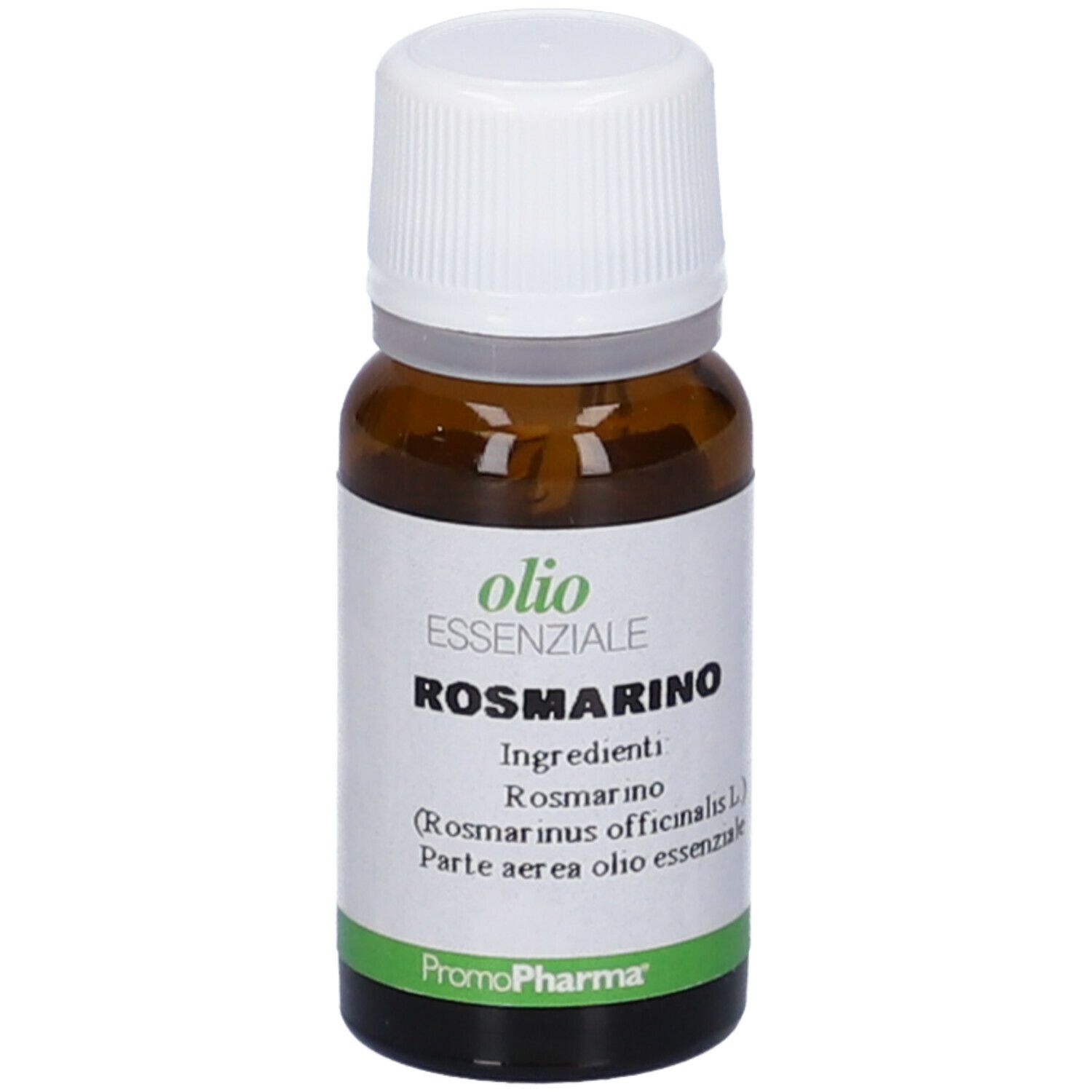 Flacone di vetro marrone con tappo bianco. Etichetta con testo: Rosmarino, Olio Essenziale. Etichette verdi e bianche. Logo PromoPharma.