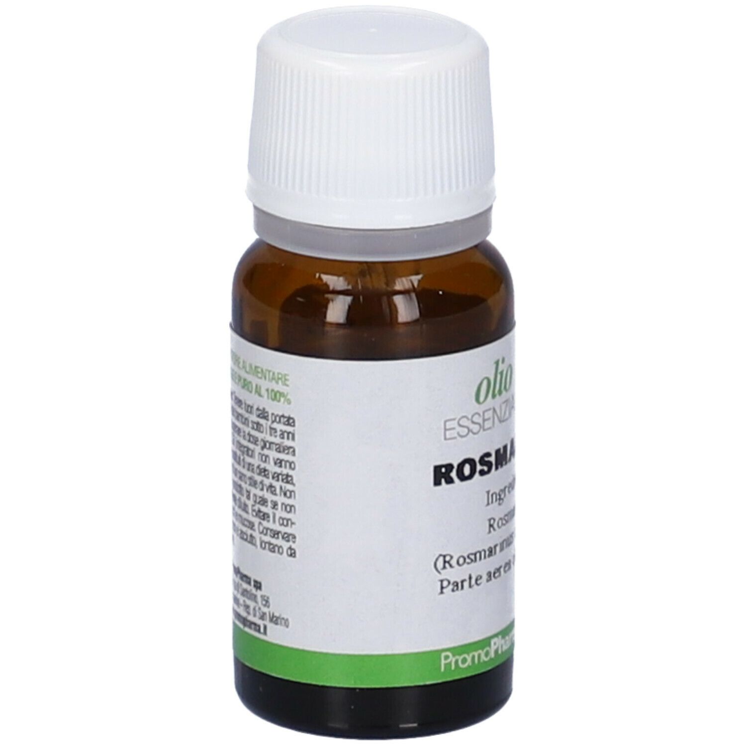 Flacone di vetro marrone con tappo bianco. Etichetta con testo: Rosmarino, Olio Essenziale. Etichette verdi e bianche. Logo PromoPharma.