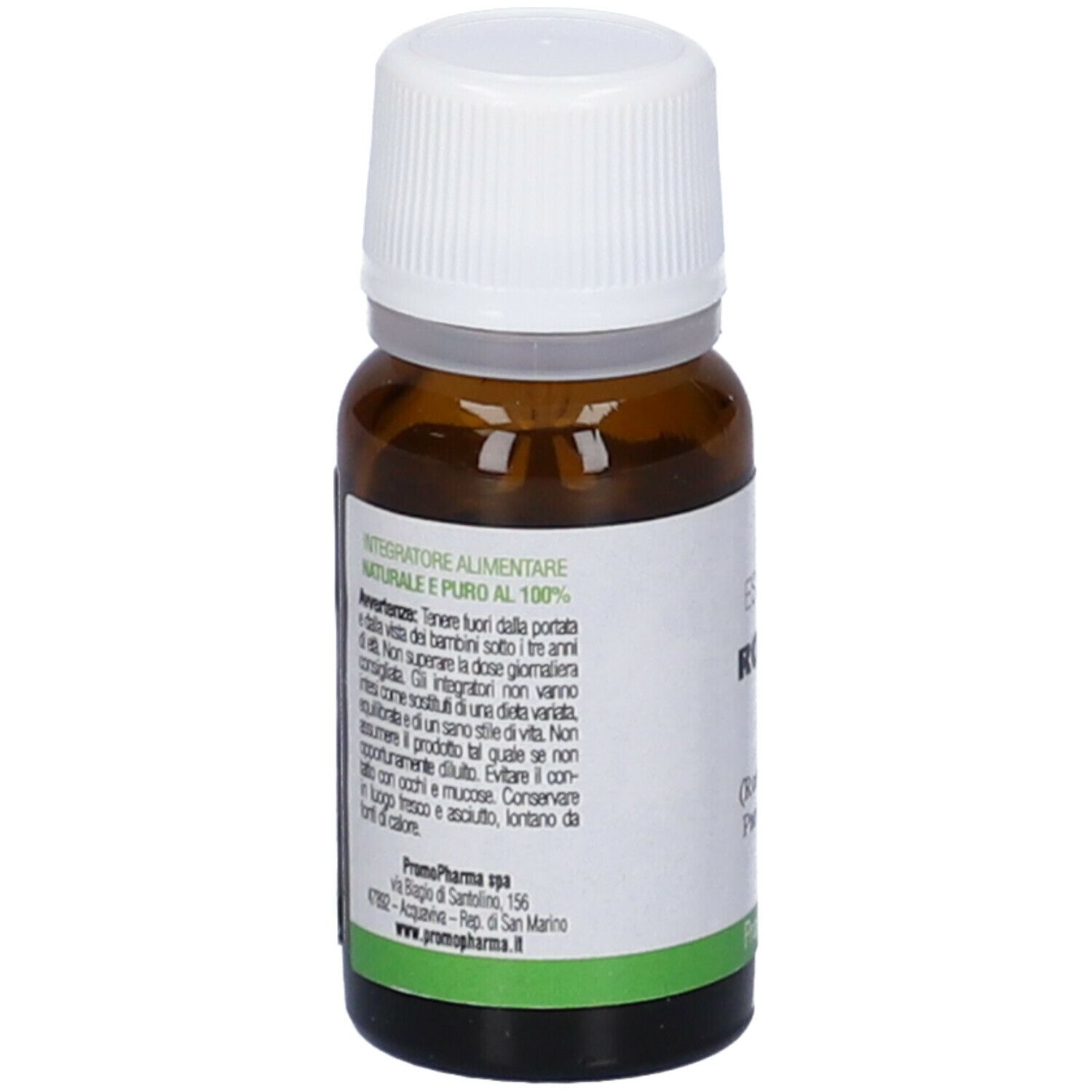 Flacone di vetro marrone con tappo bianco. Etichetta con testo. Nome del prodotto non visibile. Etichette verdi e bianche. Logo PromoPharma.