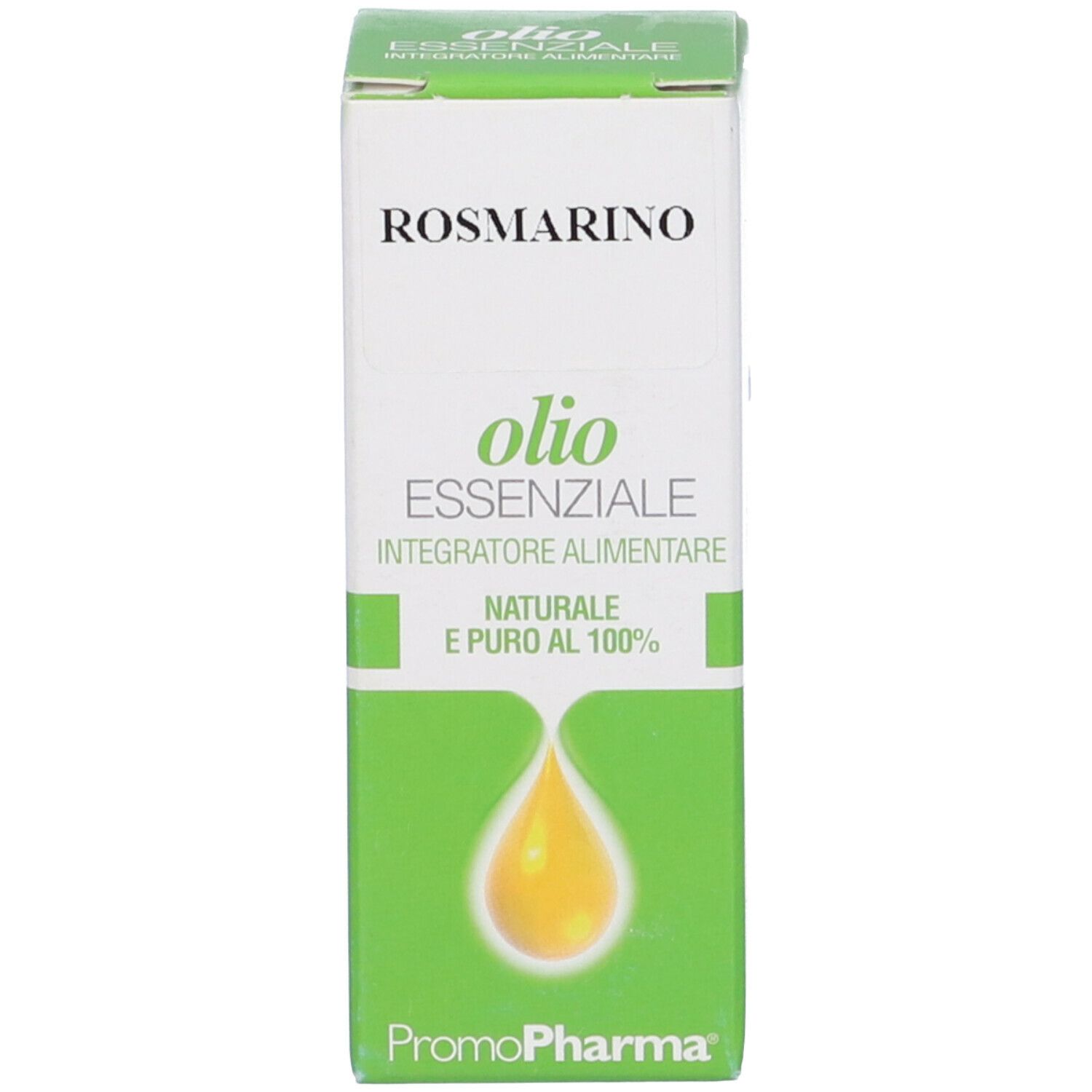 Confezione in cartone. Testo: Rosmarino, Olio Essenziale. Sfondo verde con goccia gialla. Logo PromoPharma.