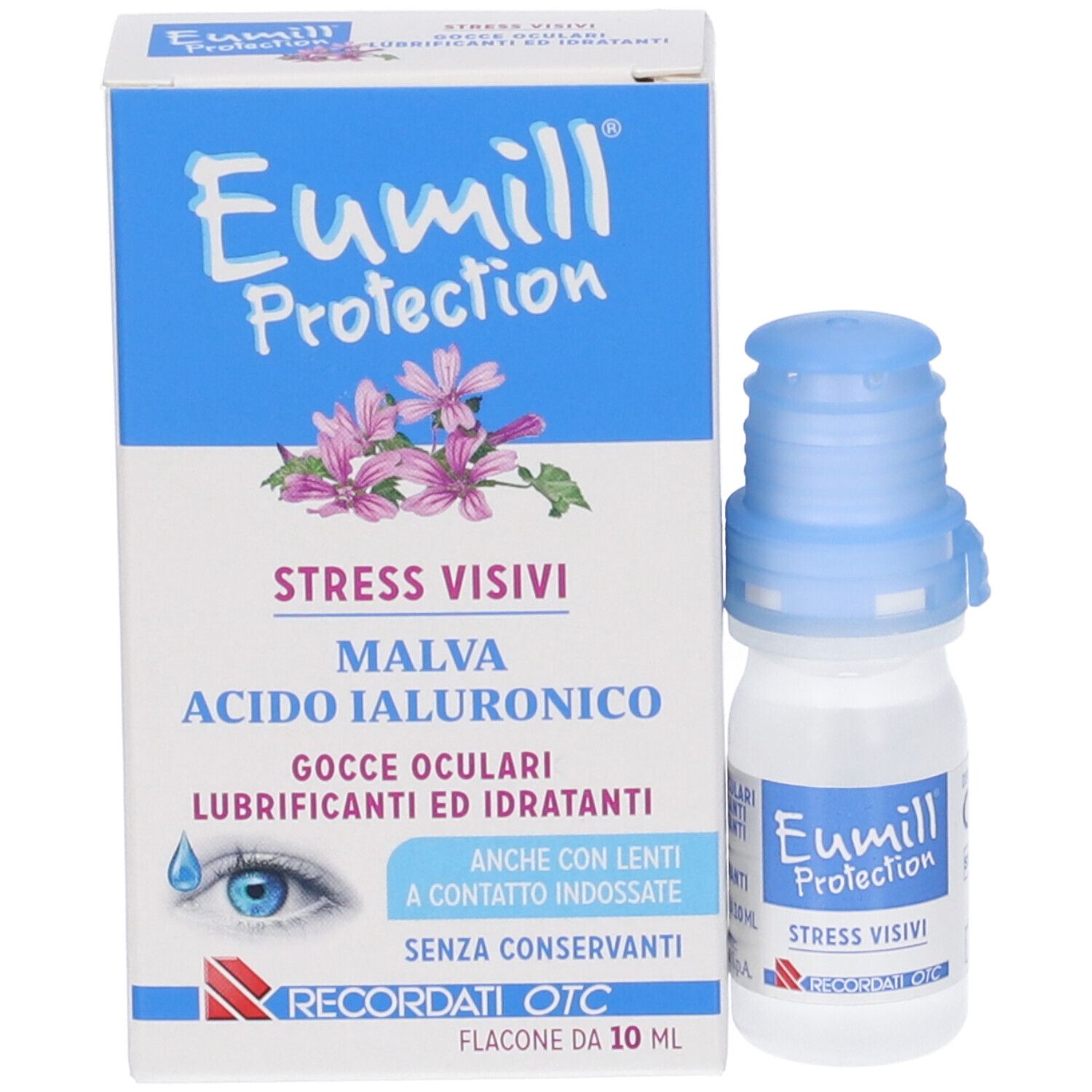 Confezione e flacone. Scritta: Eumill Protection, Stress Visivi, Malva, Acido Ialuronico. 10 ml.