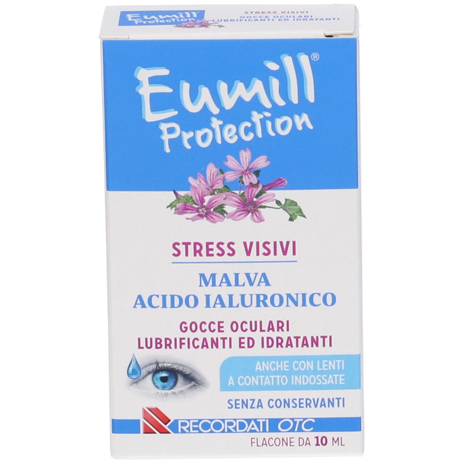 Confezione del prodotto. Scritta: Eumill Protection, Stress Visivi, Malva, Acido Ialuronico. 10 ml.