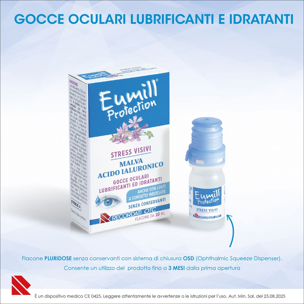 Confezione e flacone Eumill Protection Gocce Oculari, tappo blu, su sfondo blu e bianco.