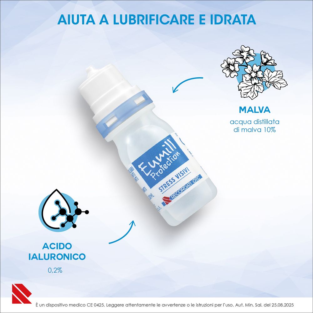 Flacone Eumill Protection Gocce Oculari con simboli di malva e acido ialuronico.