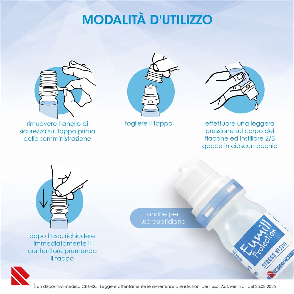 Istruzioni per l'uso delle gocce oculari Eumill Protection con il flaconcino.
