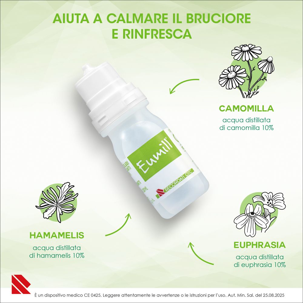 Flacone Eumill® Gocce Oculari Pluridose con camomilla, hamamelis ed euphrasia. 10 ml.