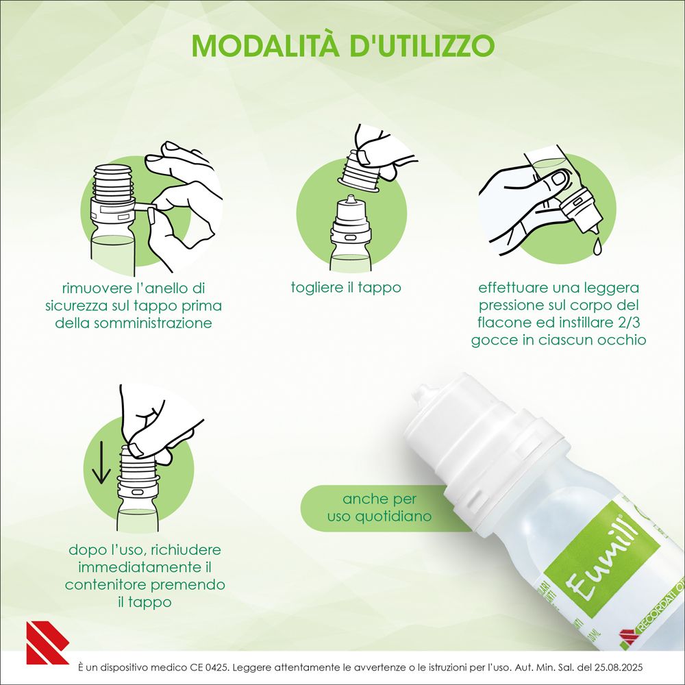 Modalità d'uso Eumill® Gocce Oculari Pluridose: Rimuovere, Aprire, Applicare, Chiudere.