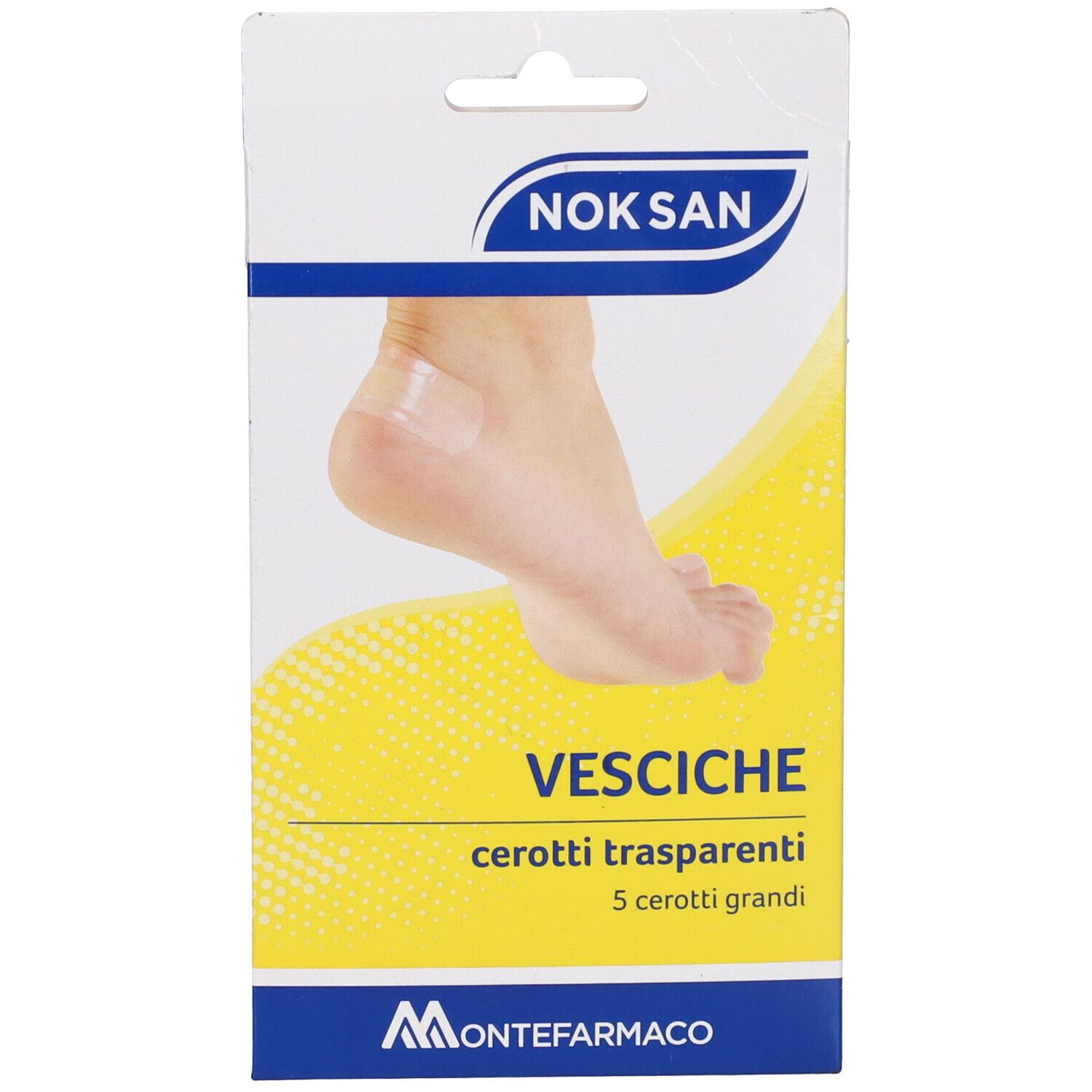 Confezione Nok San. Mostra piede con cerotto. Nome prodotto e 'Vesciche'.