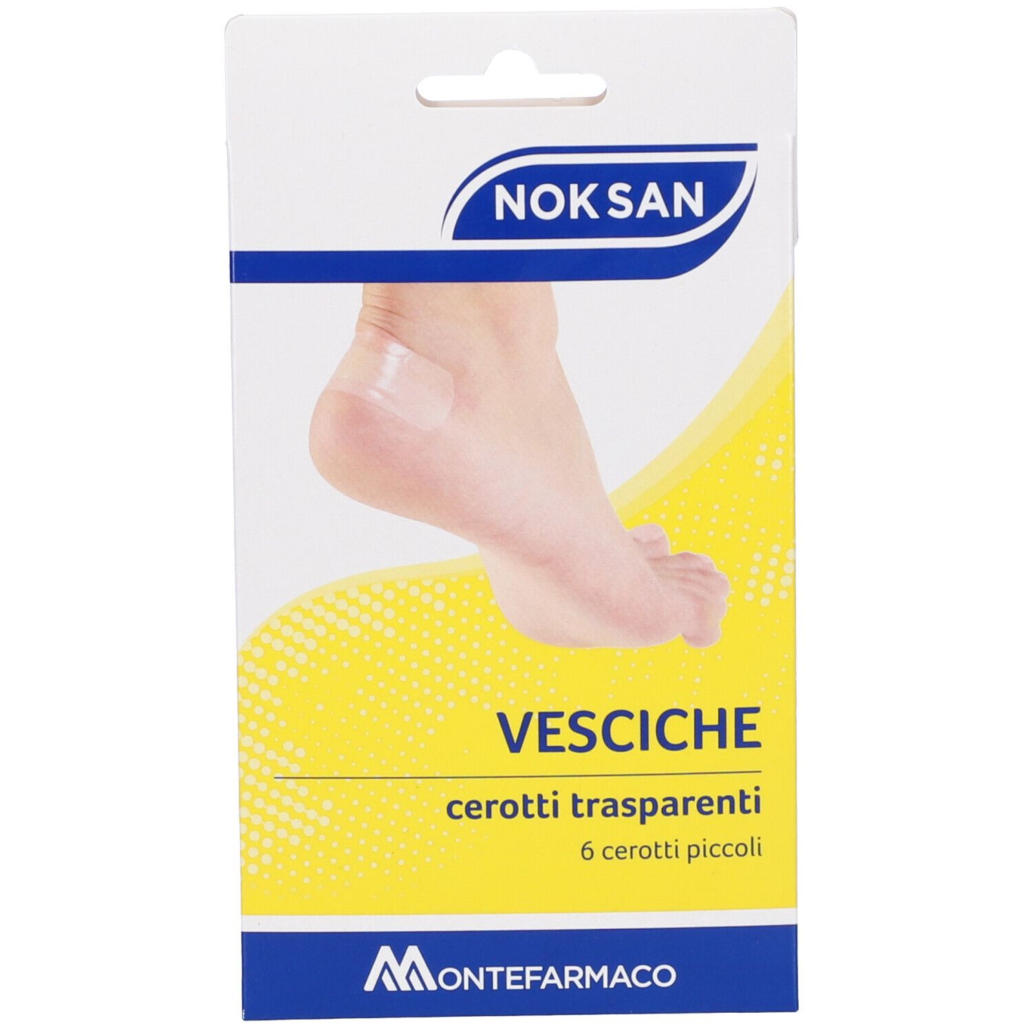 Confezione con cerotto trasparente su un piede. Scritta: Nok San, Vesciche, cerotti trasparenti, 6 cerotti piccoli.