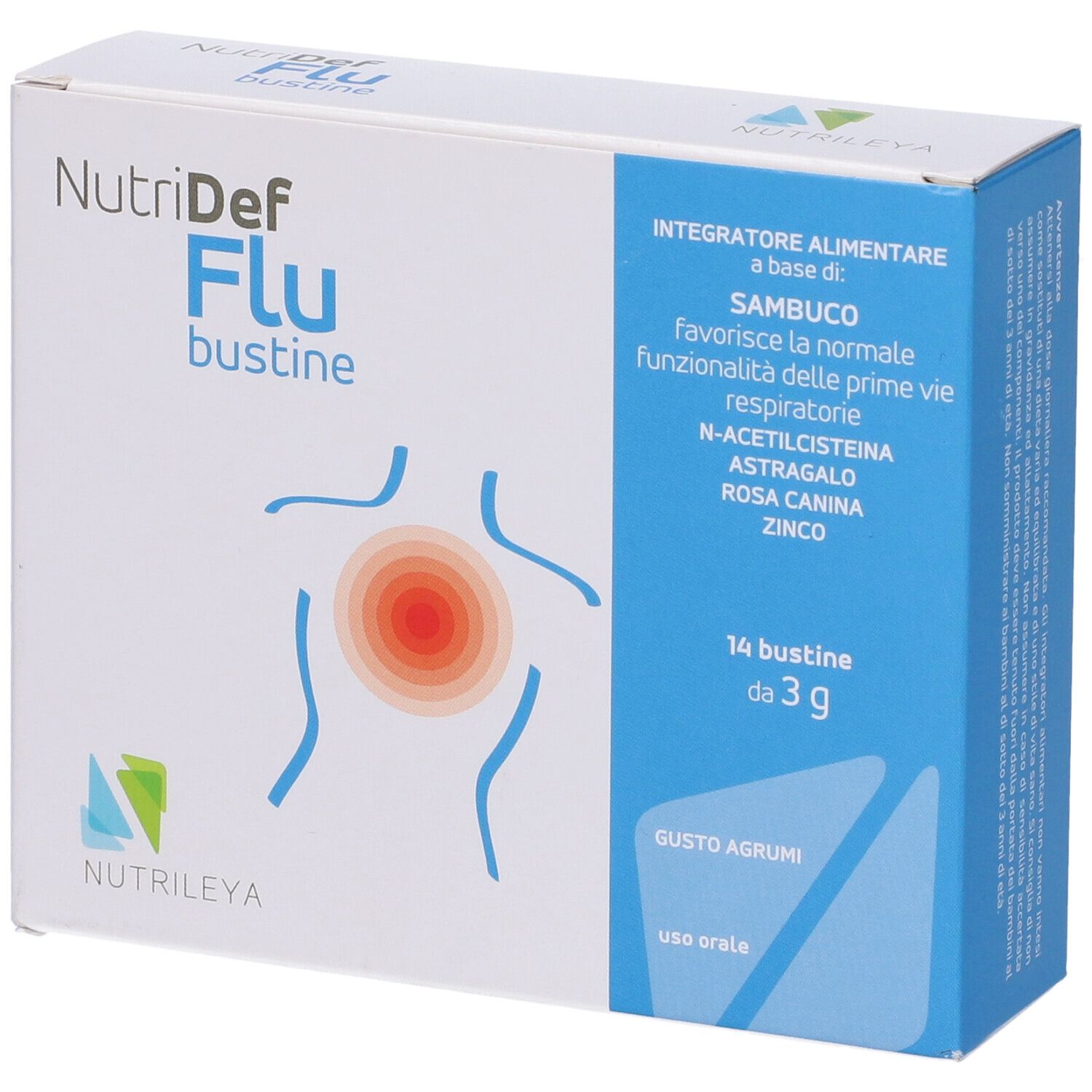 Scatola Nutridef Flu bustine. Confezione bianca e blu. Contiene 14 bustine. Ingredienti e logo visibili.
