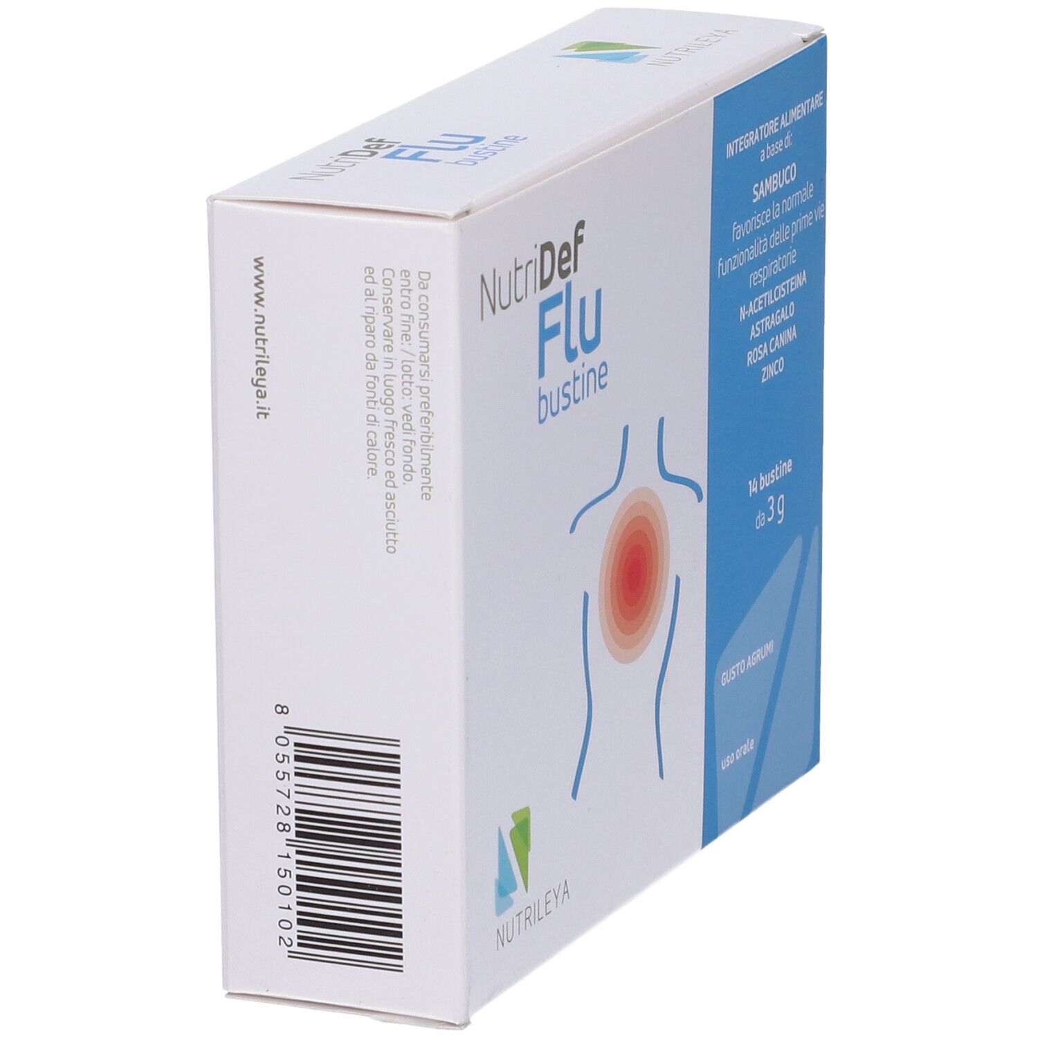 Scatola Nutridef Flu bustine, vista laterale. Confezione bianca con nome e logo. Testo e ingredienti visibili.