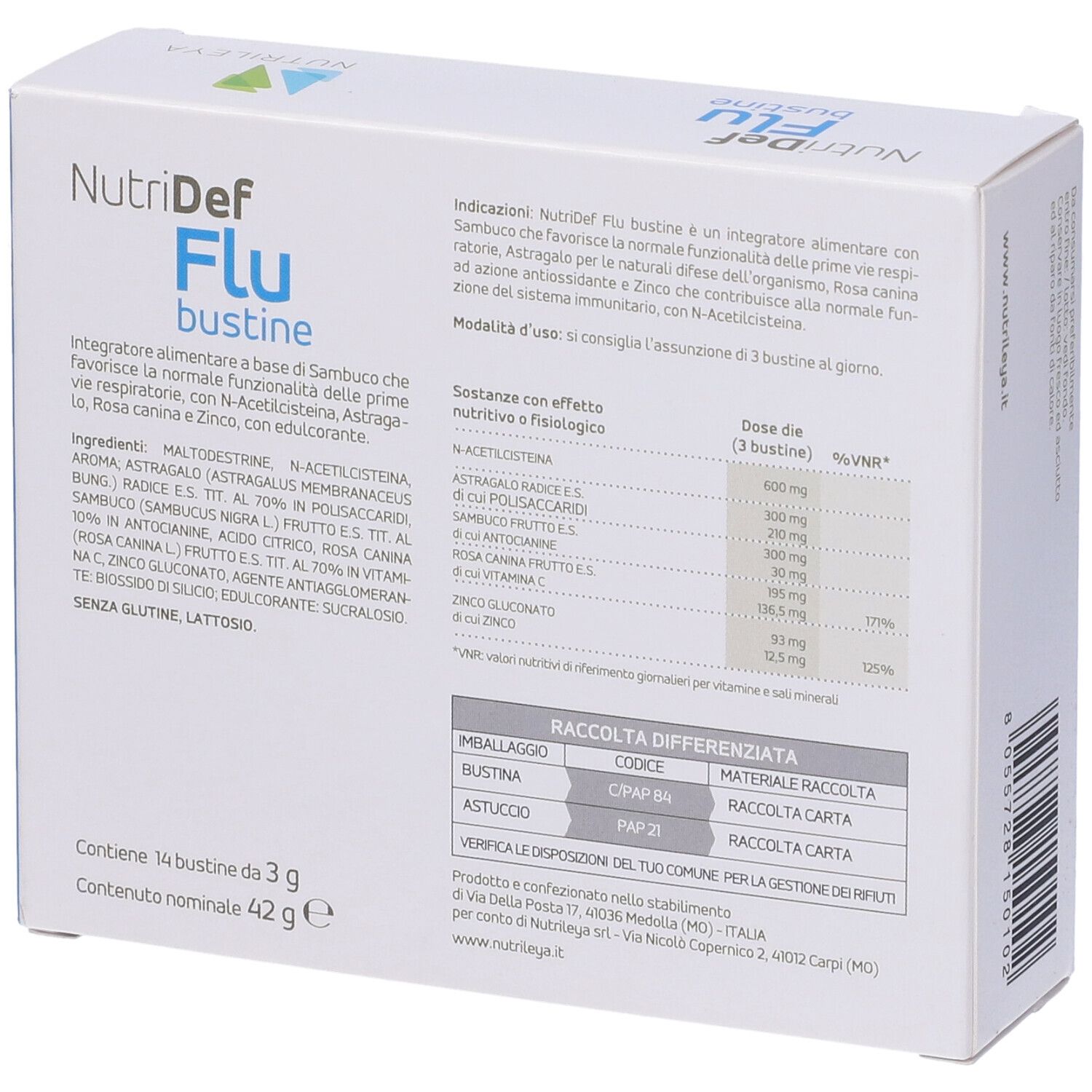Retro della scatola Nutridef Flu bustine. Ingredienti, dosaggio e informazioni sullo smaltimento. Testo.